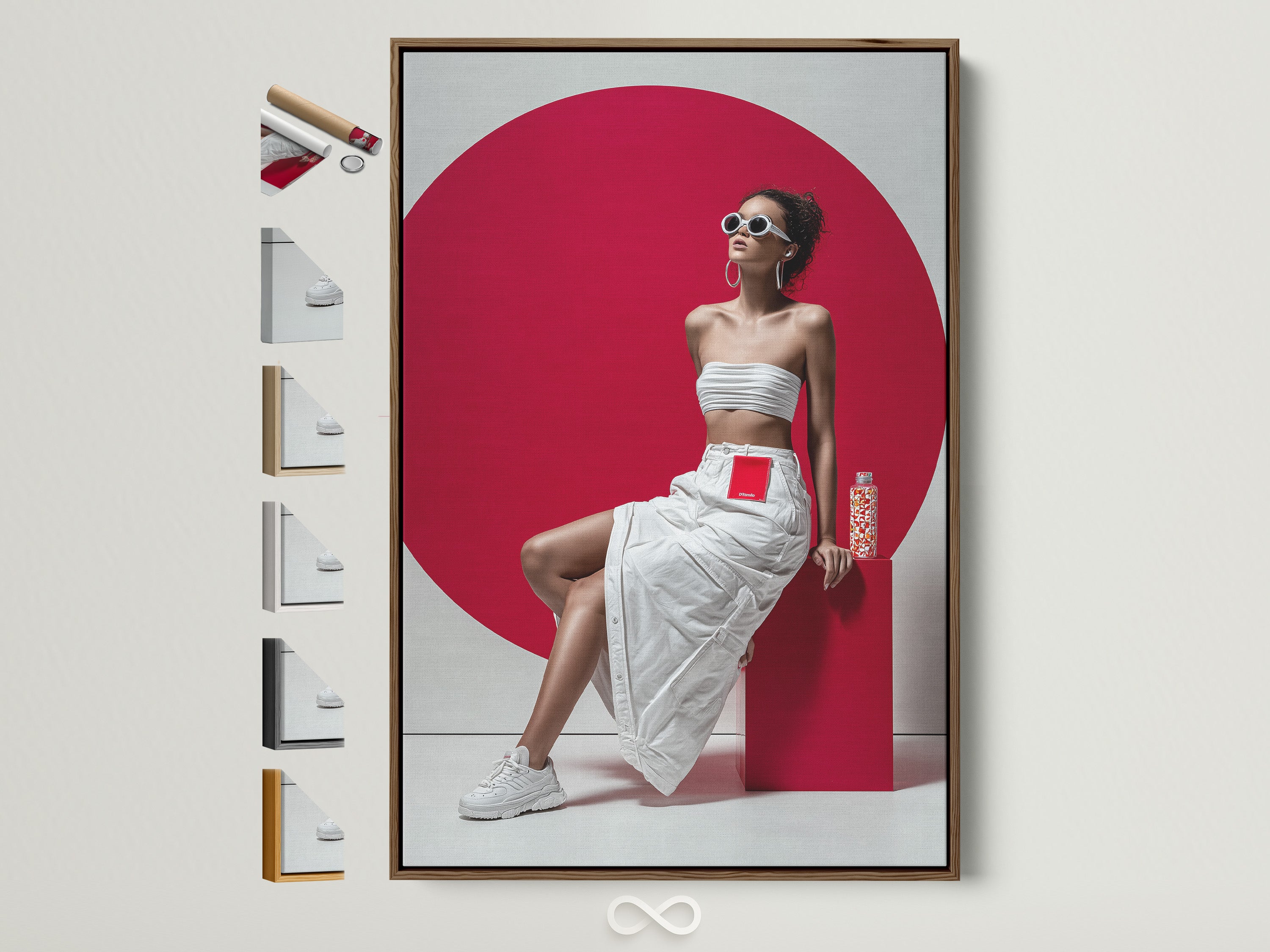 Modern Fashion Girl – red & white pop art portrait with floating frame options.