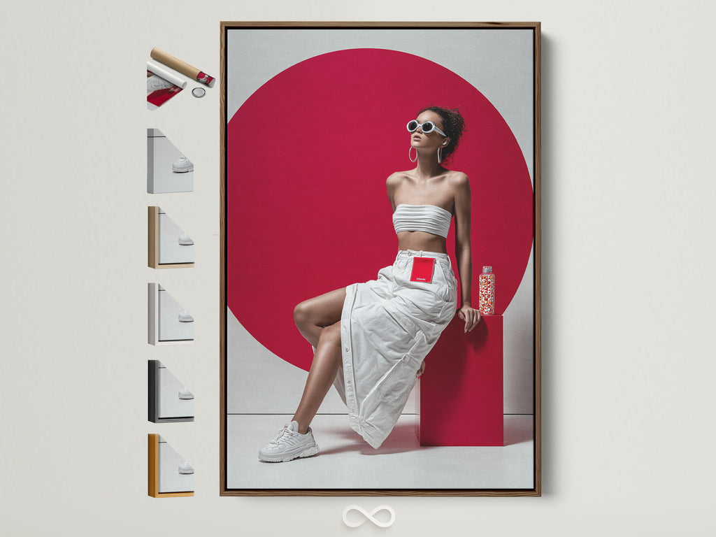 Contemporary fashion artwork in a brown frame. This pop art canvas print features a stylish woman in a white outfit against a red backdrop. Various frame options are displayed. Perfect wall decor for a modern bedroom or fashion retail space.