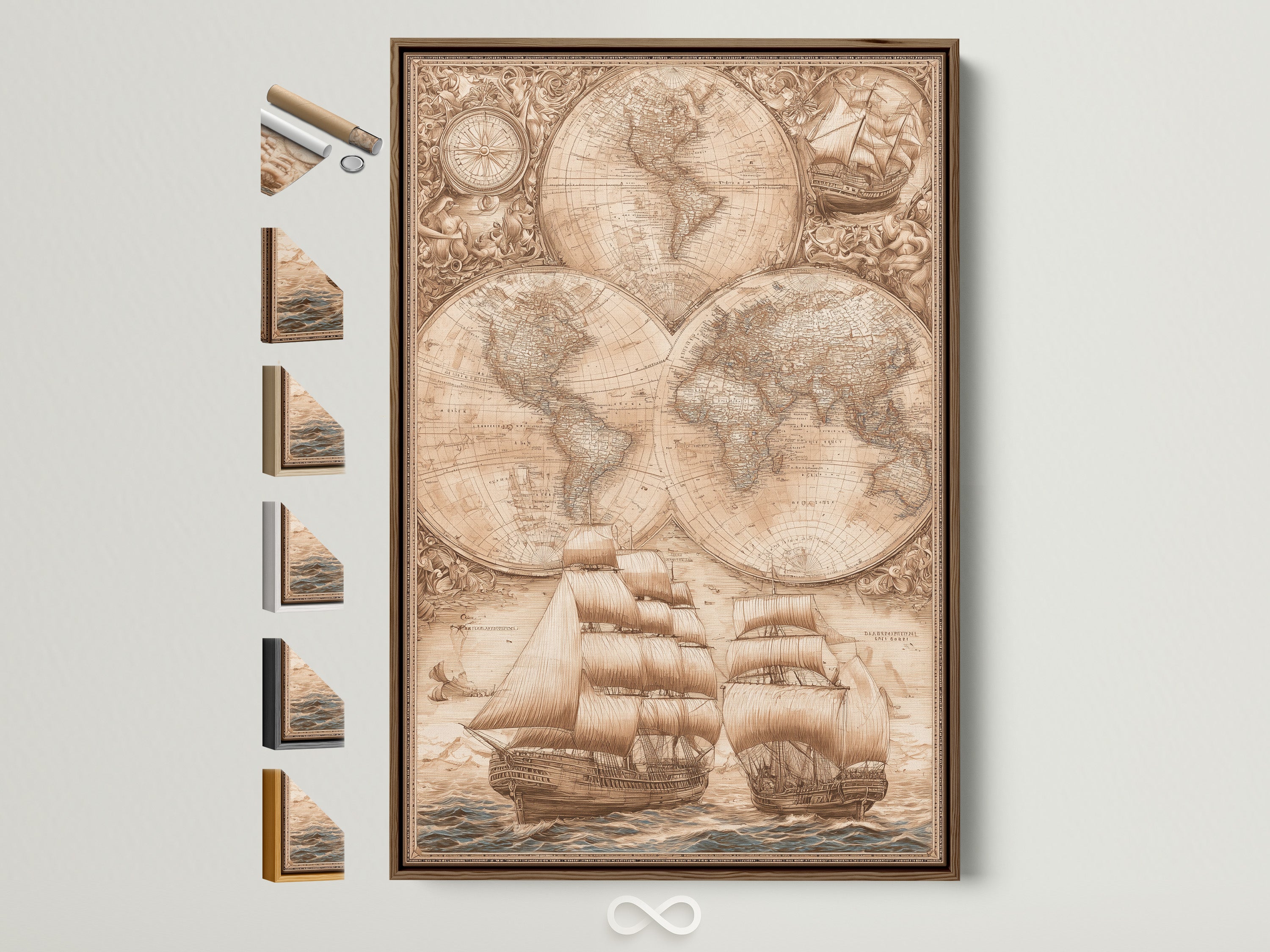 A framed vintage world map and ship artwork is displayed on a wall. The frame is brown. Frame options are showcased on the side. This artwork adds a classic touch to any room. Explore various framing choices for your art.