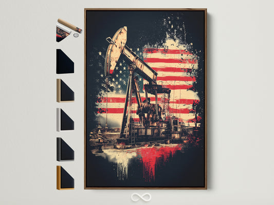 Oil Rig Canvas Print features American Flag Wall Art. This industrial decor is perfect for any office. All frame options are displayed on the side. See the brown frame option. A patriotic artwork that shows American pride. Stars and stripes displayed in vintage style.