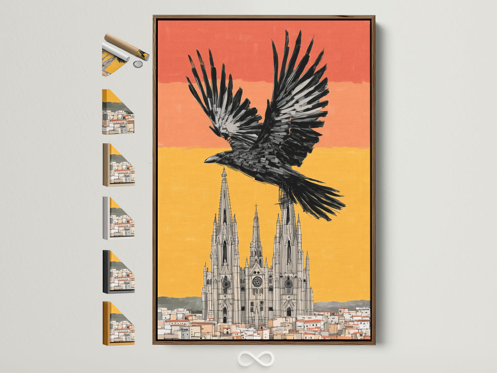 A captivating gothic raven artwork. This black bird cathedral canvas print is framed in a warm brown frame. See frame options for gothic wall art medieval decor and dark art prints. Perfect for homeowners and interior designers looking for unique art.