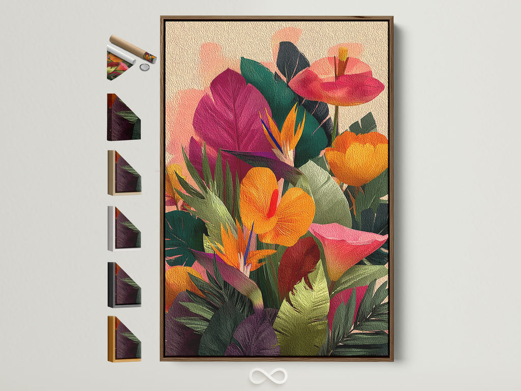 A vibrant floral artwork is displayed in a brown frame. The artwork features colorful leaves and blooms. Frame options are visible on the side. It showcases the variety of frame styles available. The artwork adds a touch of nature to the room.