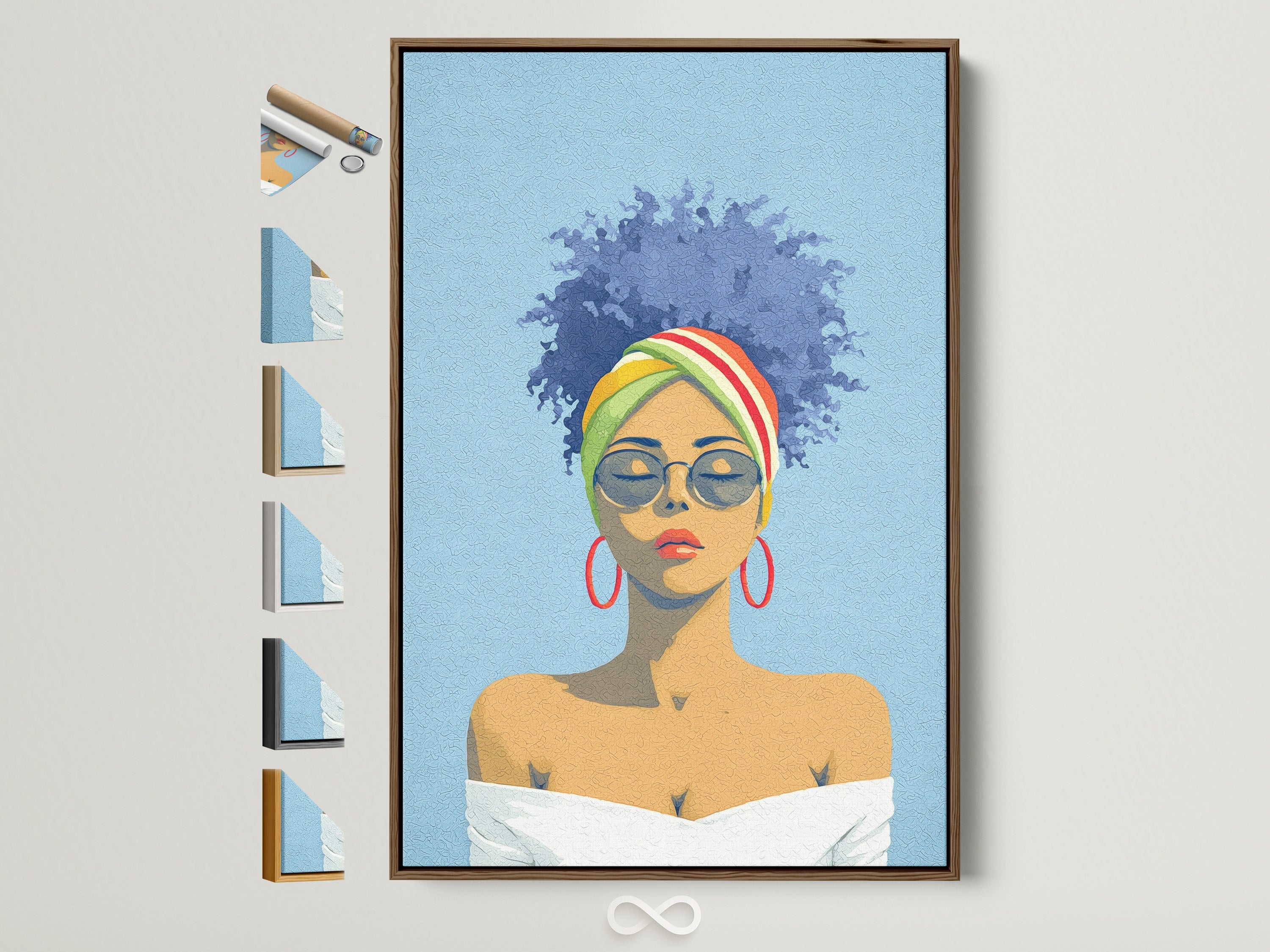 Afro Woman Portrait artwork in a brown frame displayed on a white wall. The artwork features a woman with blue hair and a colorful headwrap. The frame options are visible on the side. Perfect wall art for bedroom decor.