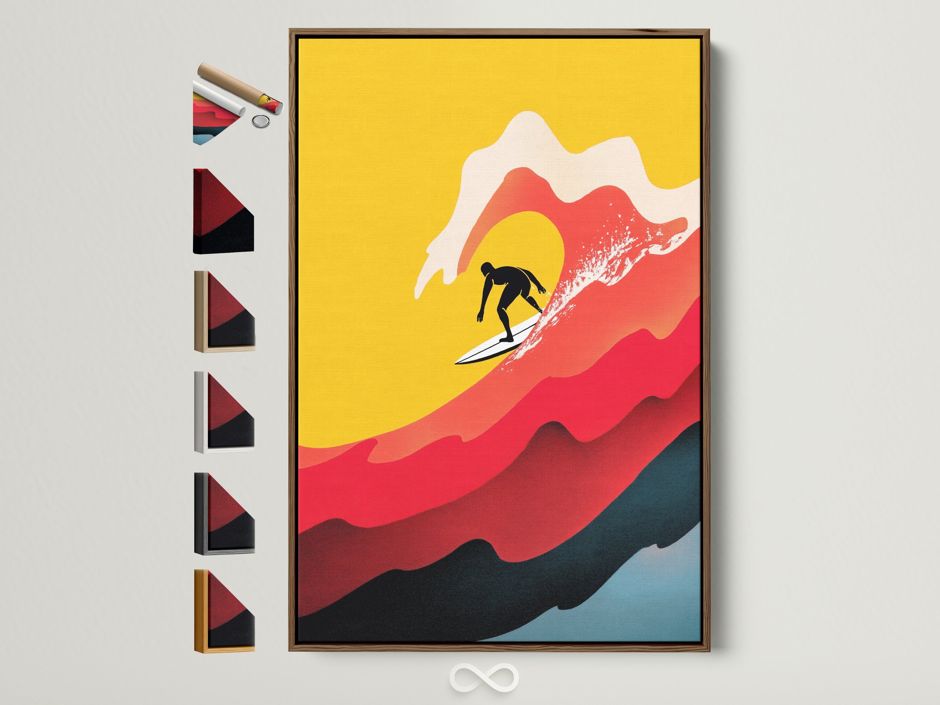 Explore retro wave art with a Surfing Canvas Print. See available frame choices. Find the perfect oak white black or gold frame to showcase this vintage surf poster. Perfect for beach house Coastal decor.