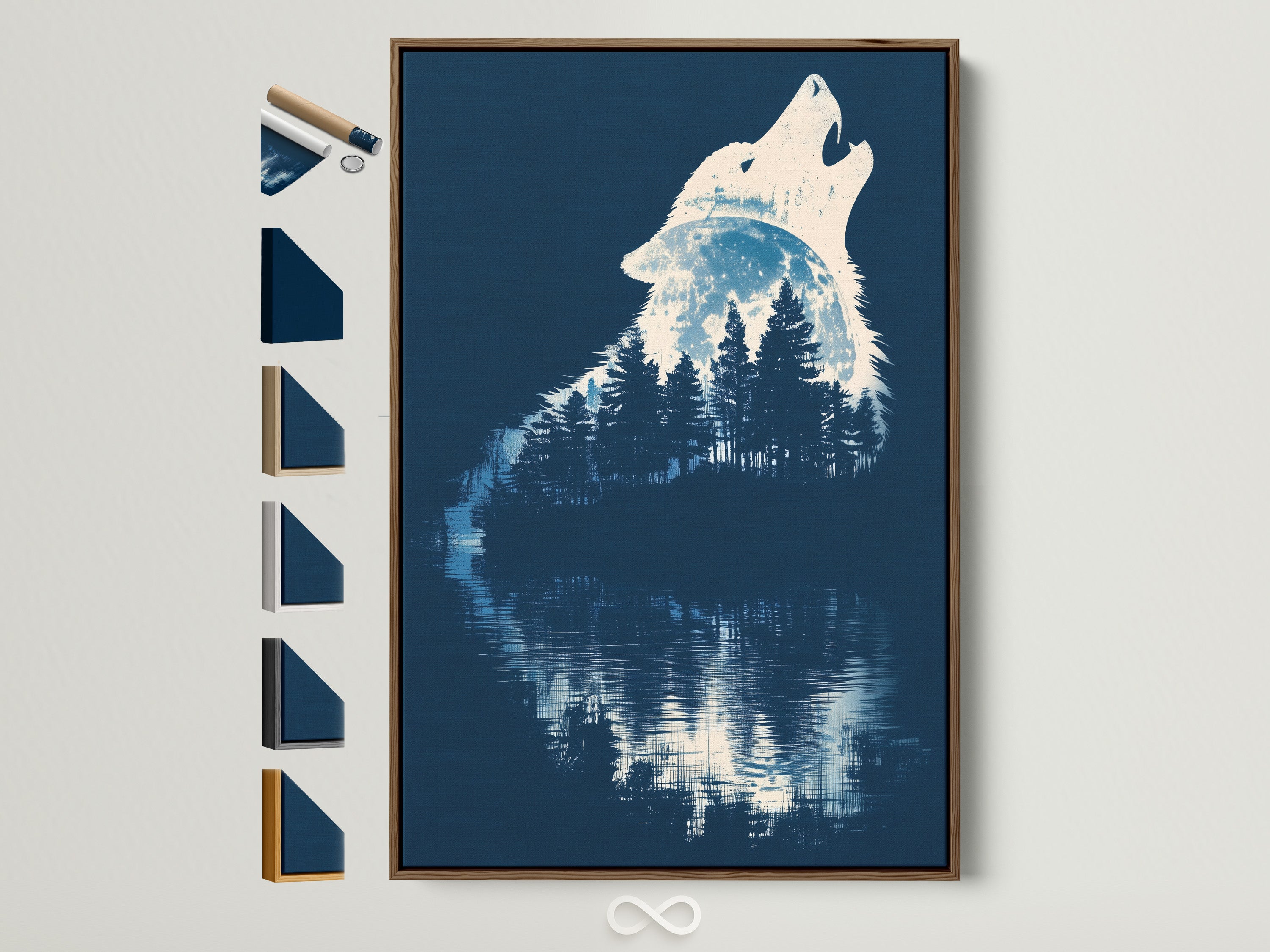 Wolf Silhouette Canvas Print features a brown frame. Other frame options are displayed. The artwork depicts a navy blue forest and moonlight scene. Perfect rustic wall art for minimalist or lodge-style decor.