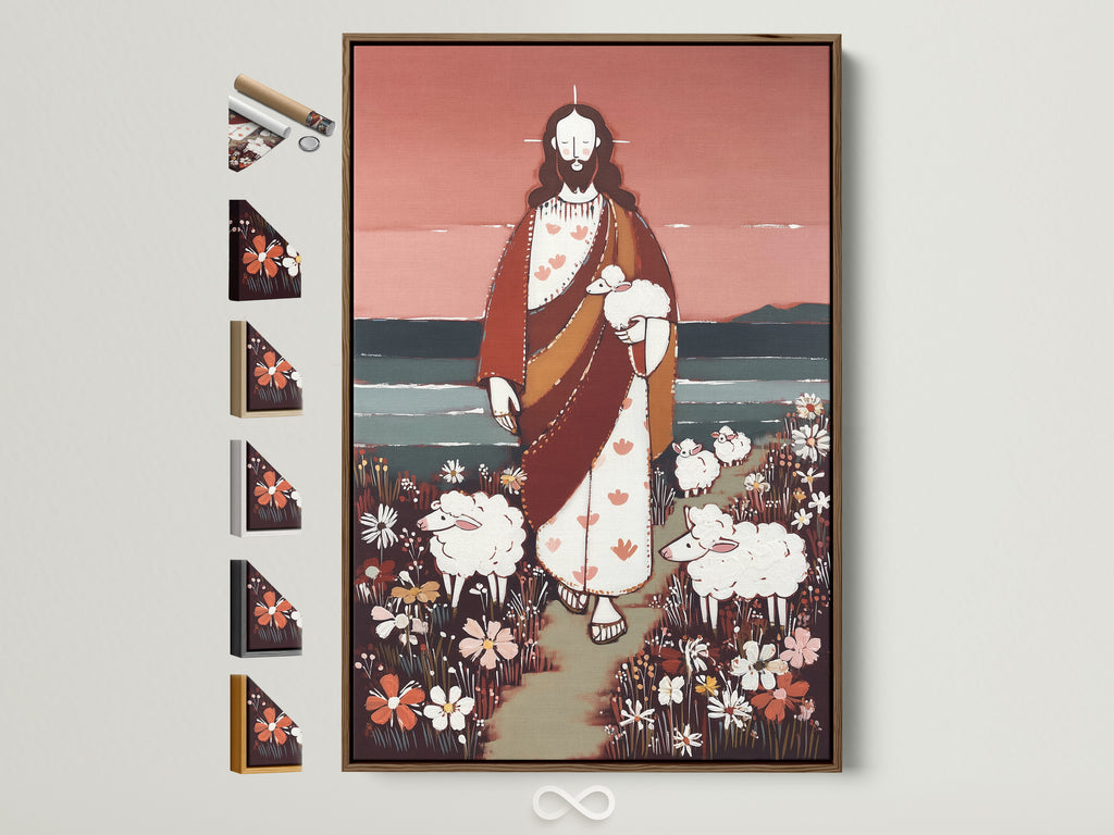 Artwork in a brown frame is displayed with various frame options alongside. Explore framing choices. Find the perfect frame to complement your art piece. Choose from a range of styles. Match your art to your decor.