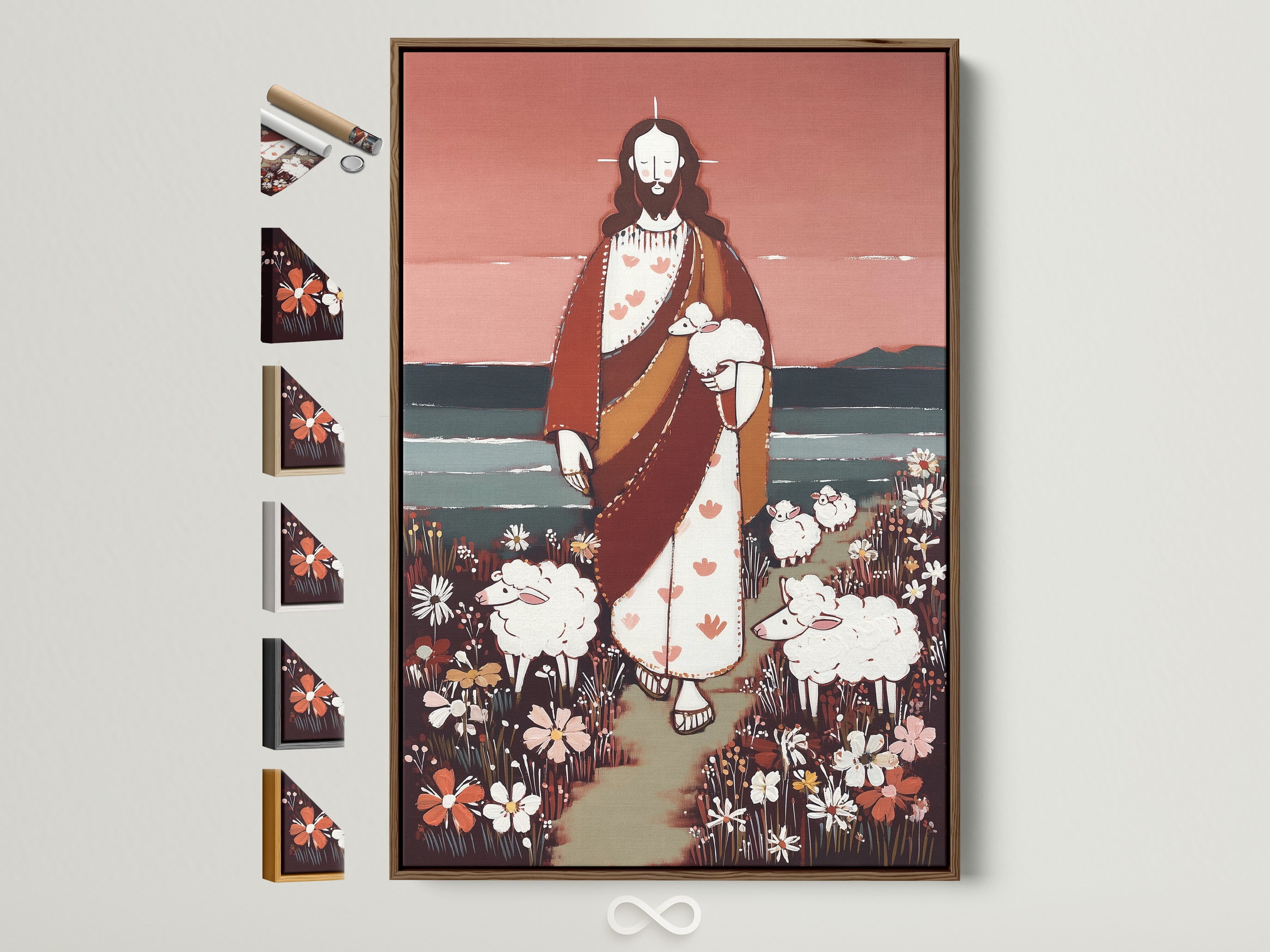 Artwork in a brown frame is displayed with various frame options alongside. Explore framing choices. Find the perfect frame to complement your art piece. Choose from a range of styles. Match your art to your decor.