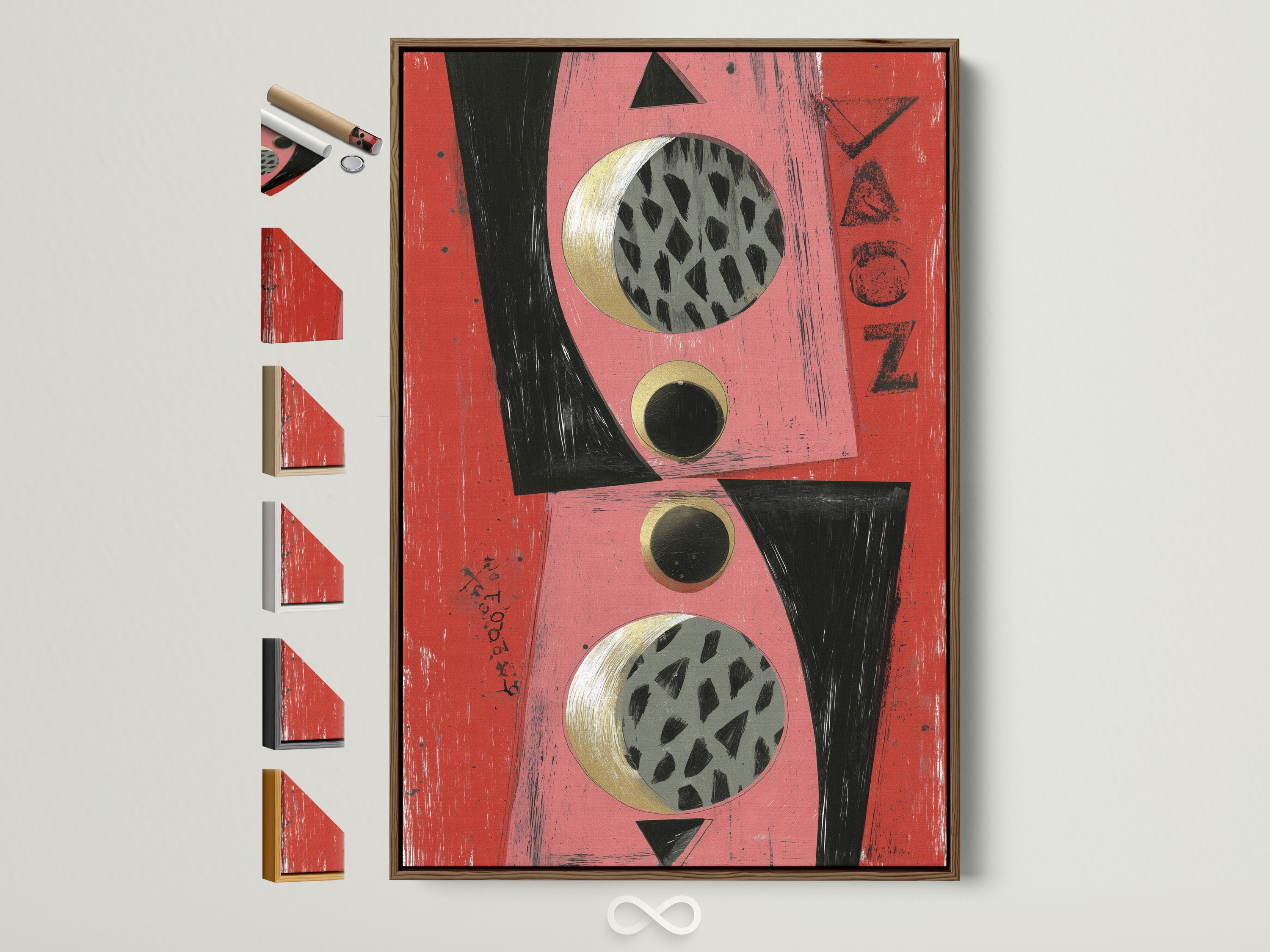 A captivating abstract geometric artwork in a brown frame is displayed. Explore the diverse frame options showcased beside it. This mid-century modern wall art features pink coral black and gold accents. It is perfect for adding a touch of contemporary style to any space like living rooms and offices