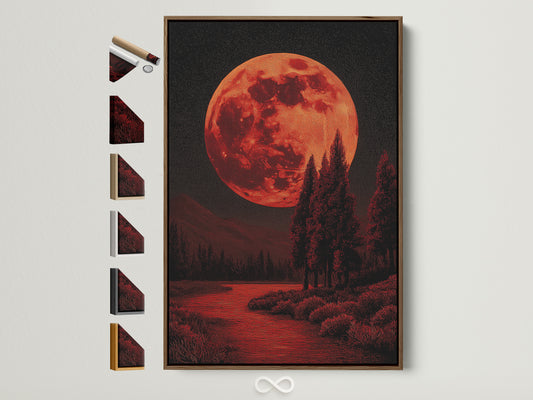A captivating red moon landscape wall art is displayed in a brown frame. The artwork features a mystical forest print. All frame options are visible on the side. This piece adds gothic decor to any room.