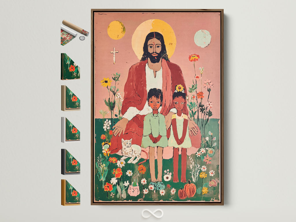 Folk Art Religious Print featuring Jesus Christ with two children in a garden. This Christian canvas art is framed in a light brown frame. Explore frame options for nursery and kids' room decor. Perfect religious wall art for a comforting space.