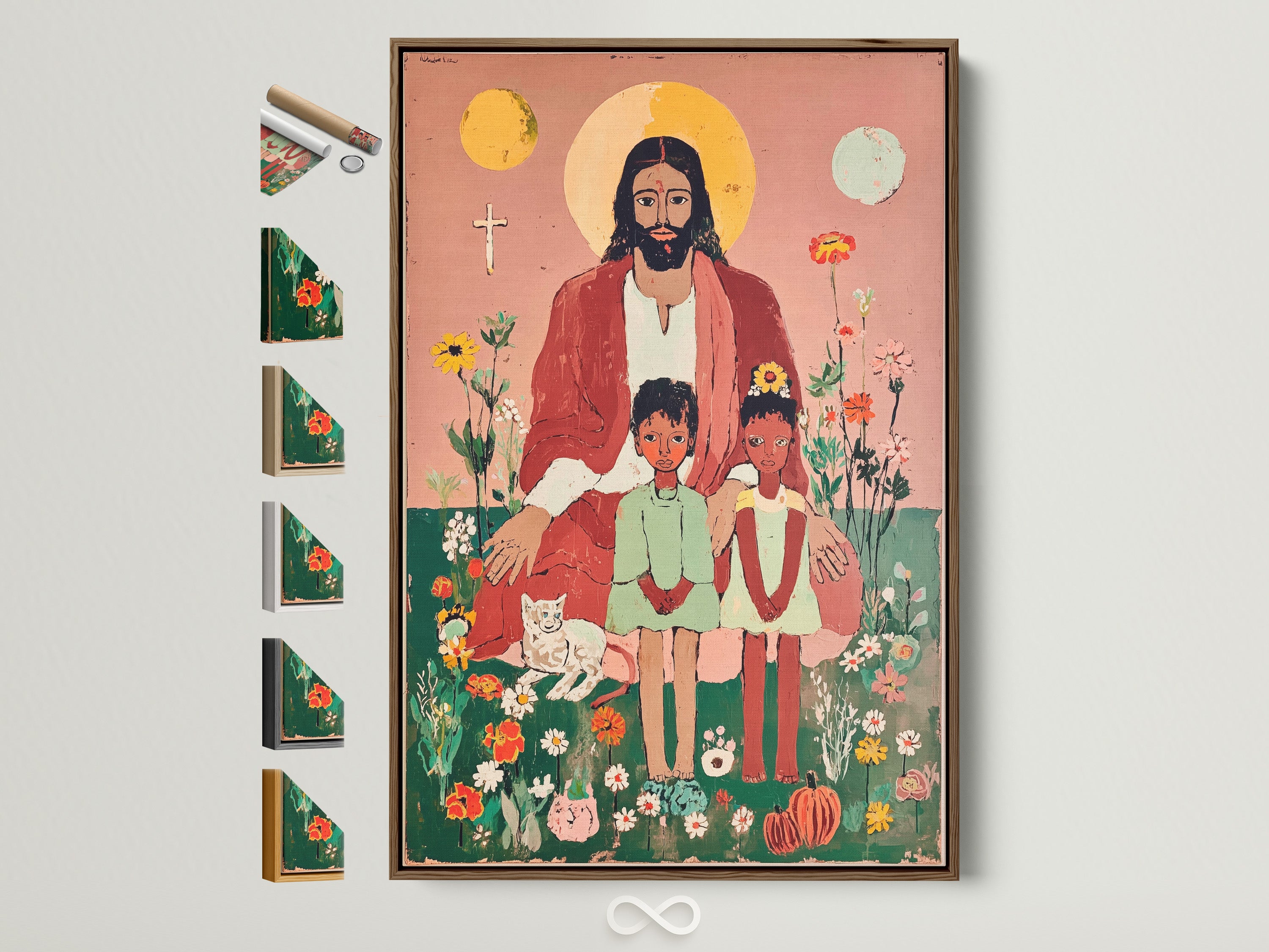 Folk Art Religious Print featuring Jesus Christ with two children in a garden. This Christian canvas art is framed in a light brown frame. Explore frame options for nursery and kids' room decor. Perfect religious wall art for a comforting space.