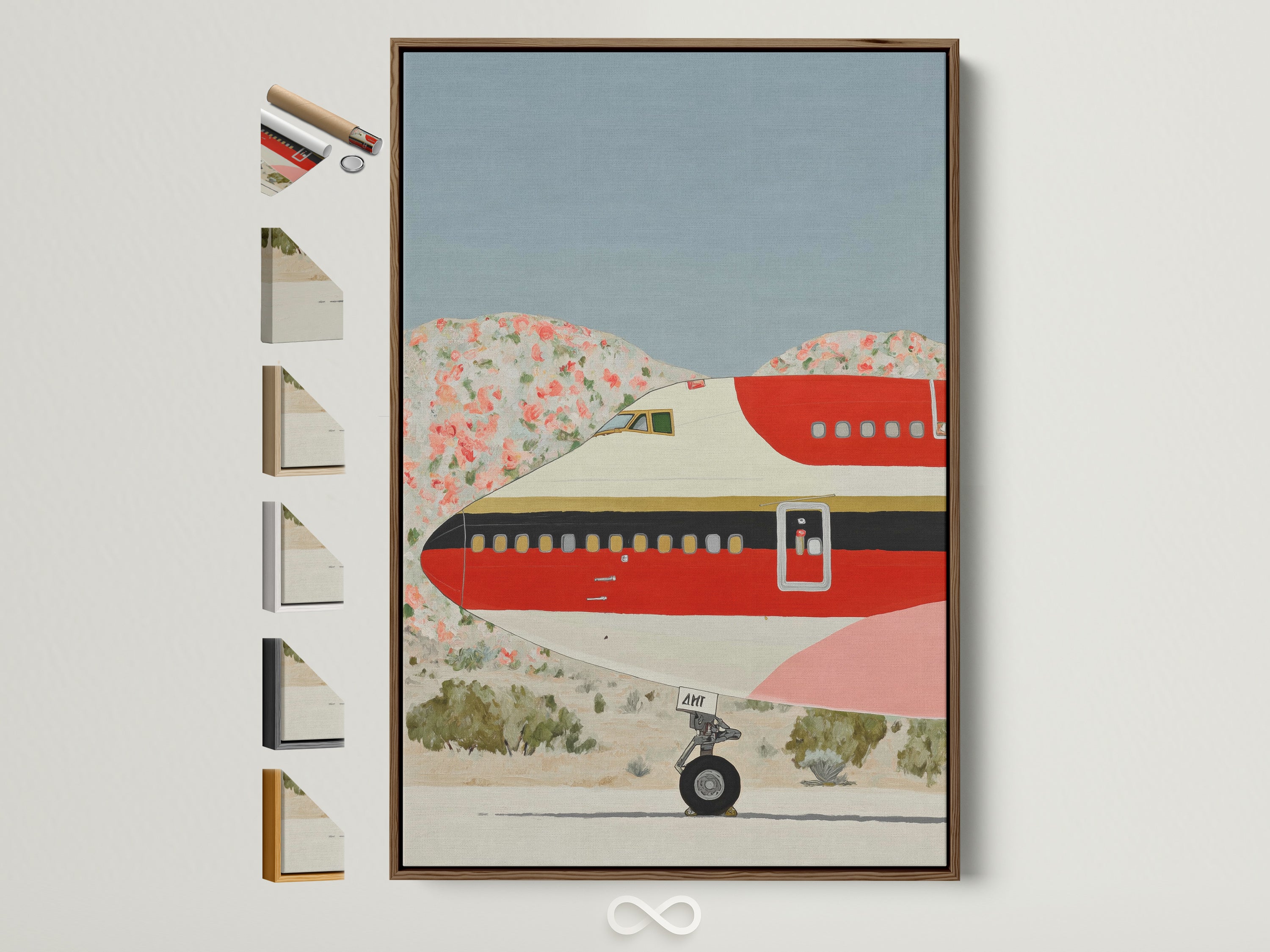 Vintage airplane art print in a brown frame. This retro aviation wall art features a mid-century plane. It's perfect for office decor. Various frame options are displayed. A great piece for travel wall art enthusiasts.