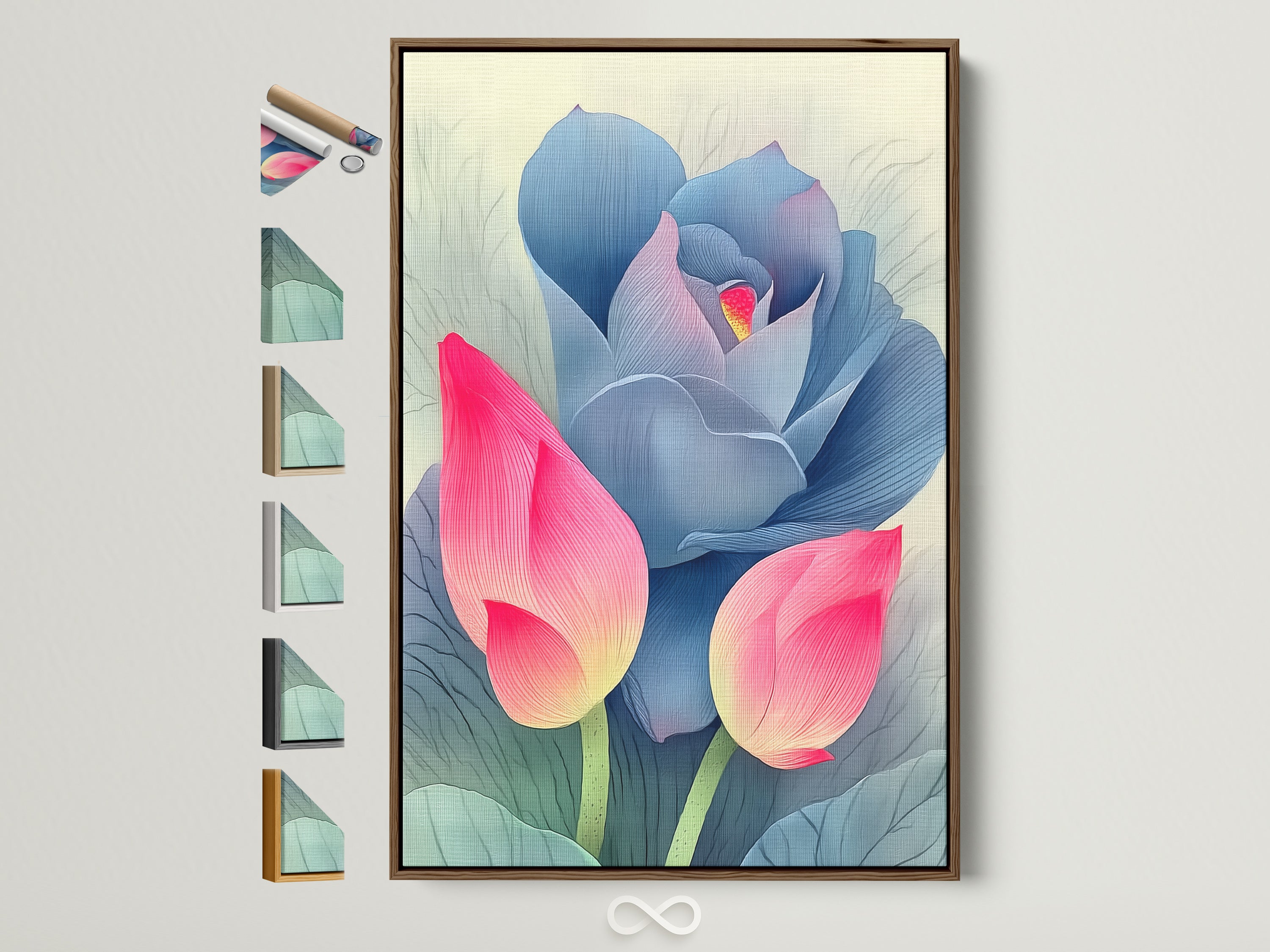 Pink and blue lotus flower artwork in a brown frame hangs on a white wall. View all frame options. Perfect for adding a modern botanical touch to bedrooms living rooms and offices. Shop now to find the ideal frame for your artwork.