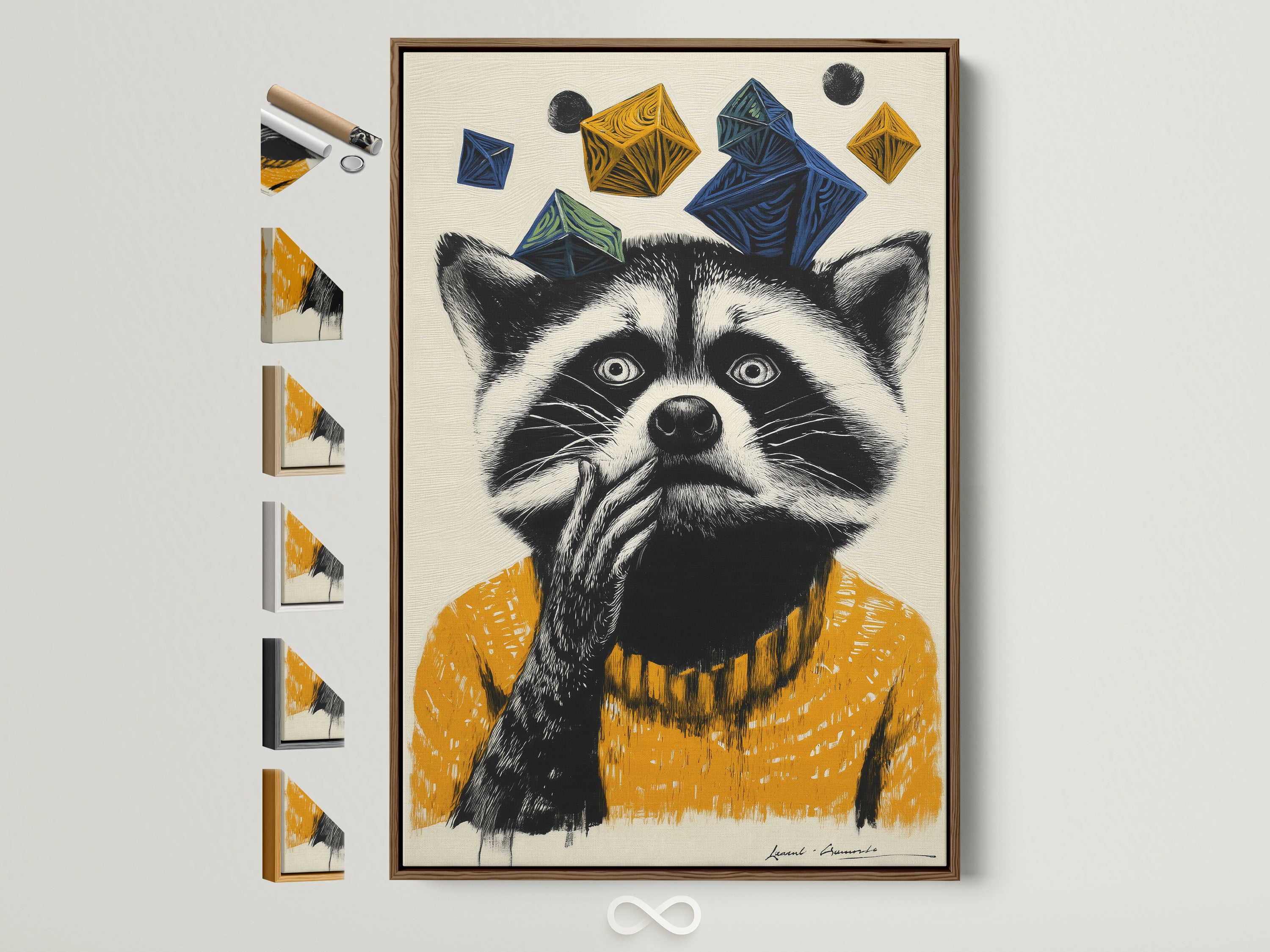 A whimsical raccoon artwork in a brown frame is displayed. All frame options are visible on the side. The art features a raccoon wearing a mustard yellow sweater. Geometric shapes add a modern touch to this playful animal portrait art. Perfect for kids room decor. Add a touch of quirky wall decor to your space.