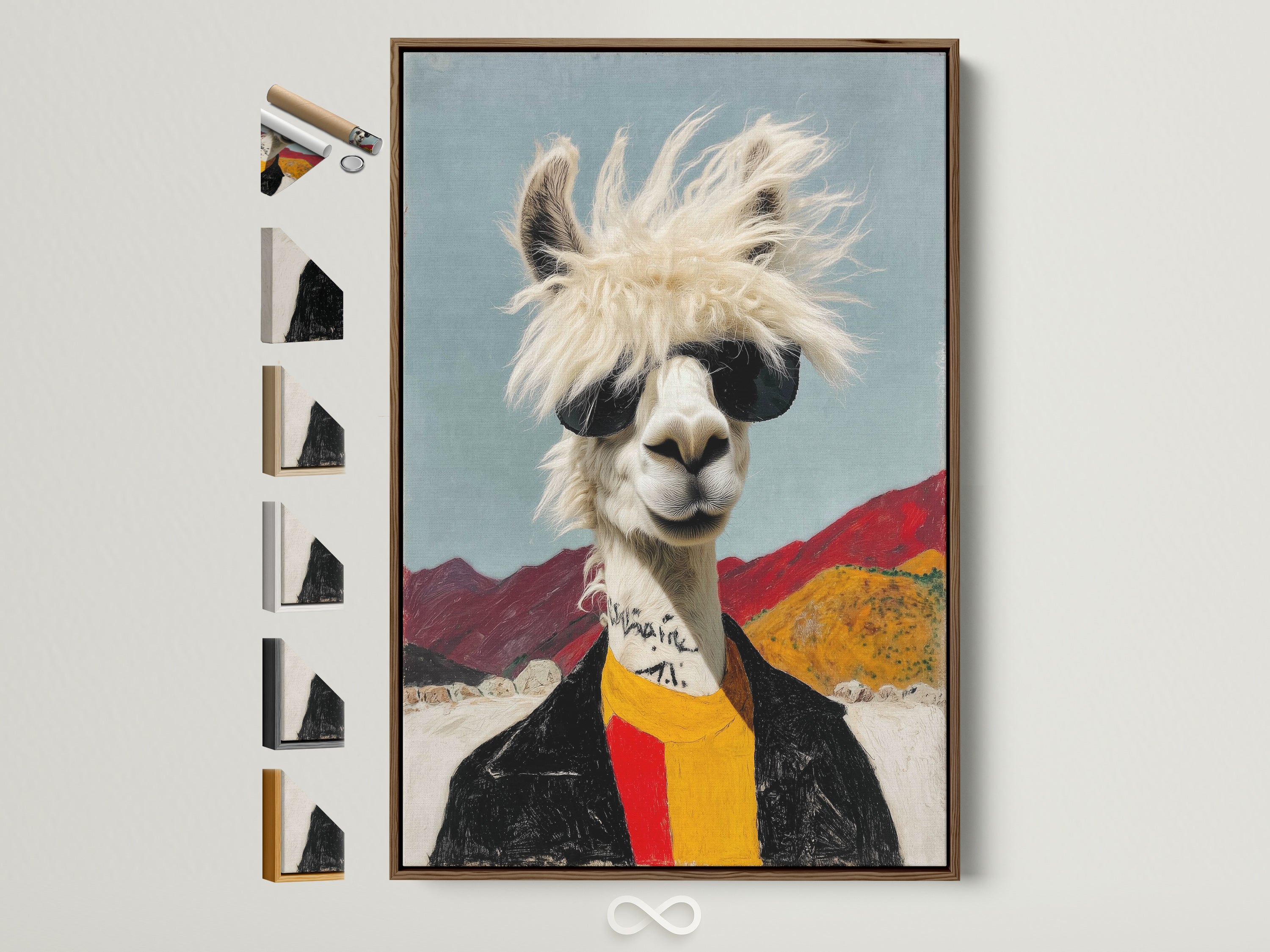 Elevate your space with our cool llama artwork. This quirky animal wall art features a llama with sunglasses. A brown frame enhances this funny alpaca canvas. See frame options available for your office decor.