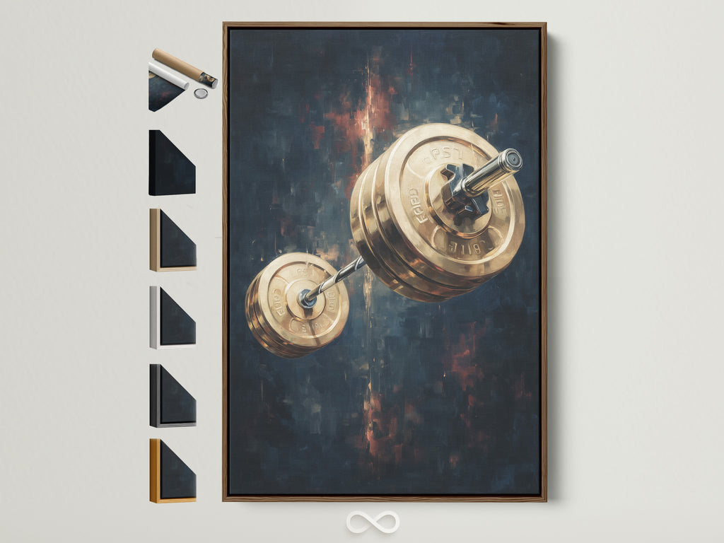 A brown frame displays the barbell weights canvas print. Several frame options are presented beside it. This athletic artwork enhances any home gym or workout space. See available frame choices here.