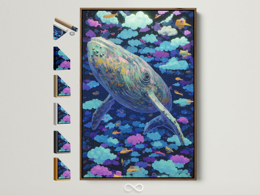 A brown frame displays the Whale Canvas Print surreal sky wall art. This dreamy cloudscape artwork is perfect for a kids room decor. All frame options are visible. Explore fantasy sea life prints and blue purple art for your nursery.