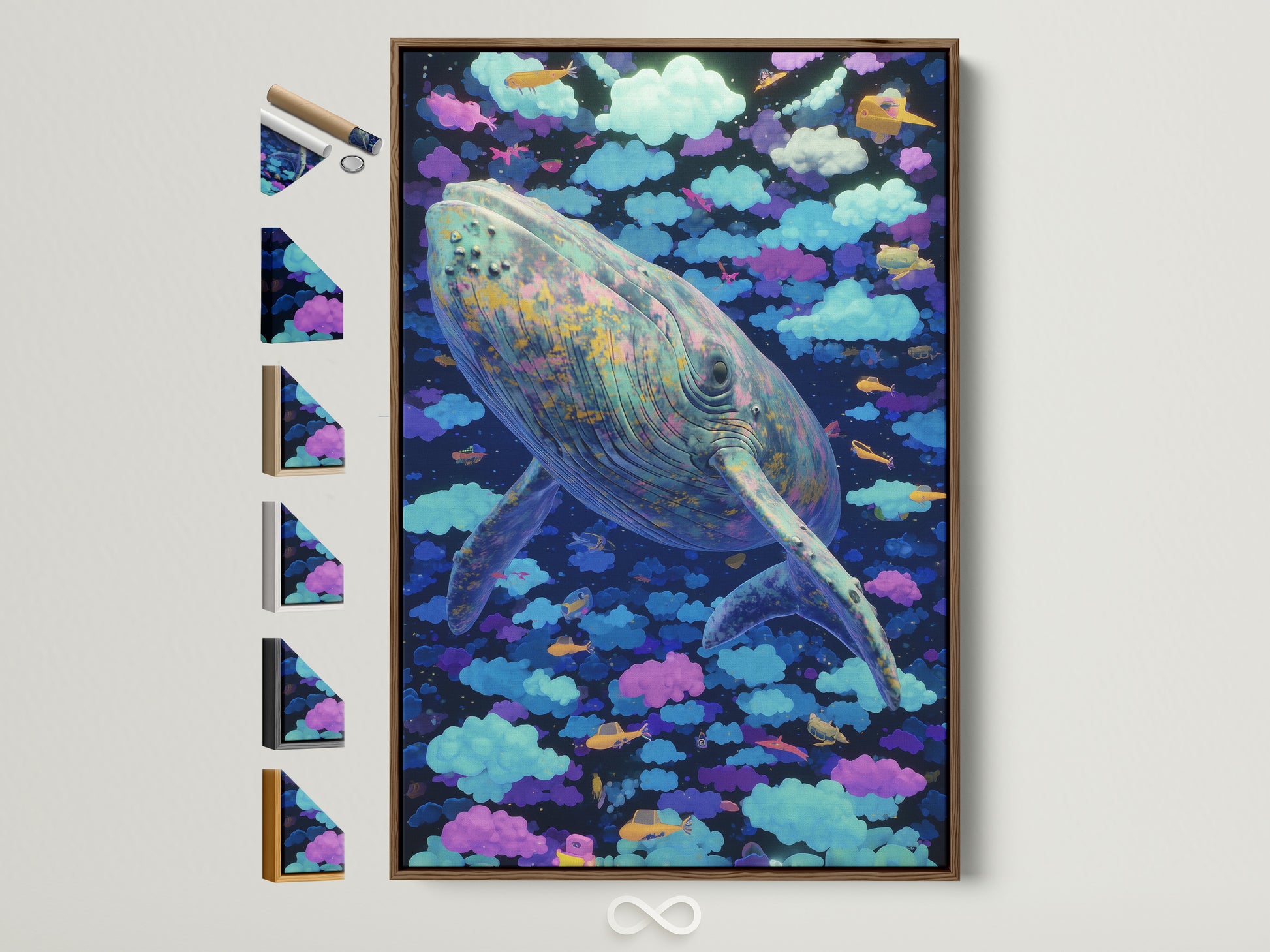 A brown frame displays the Whale Canvas Print surreal sky wall art. This dreamy cloudscape artwork is perfect for a kids room decor. All frame options are visible. Explore fantasy sea life prints and blue purple art for your nursery.