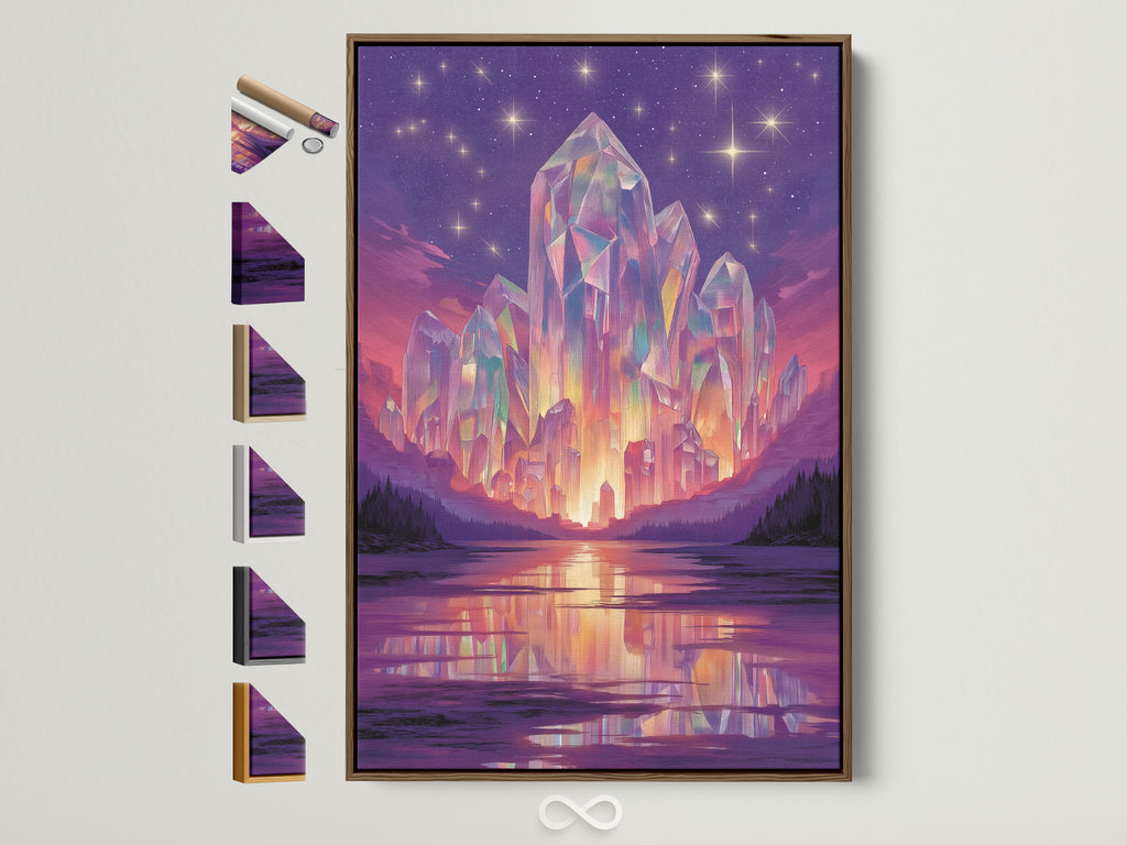 Crystal Fantasy Art Print in a brown frame. See all frame options available. This mystical purple landscape canvas wall art is surreal mountain decor for any bedroom. The contemporary artwork complements minimalist and Scandinavian styles.