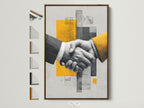 Business Handshake Art Print in a brown frame. The artwork is modern and abstract. It features yellow accents ideal for a professional space. See all our frame options on the side. Enhance your office with this corporate wall art.