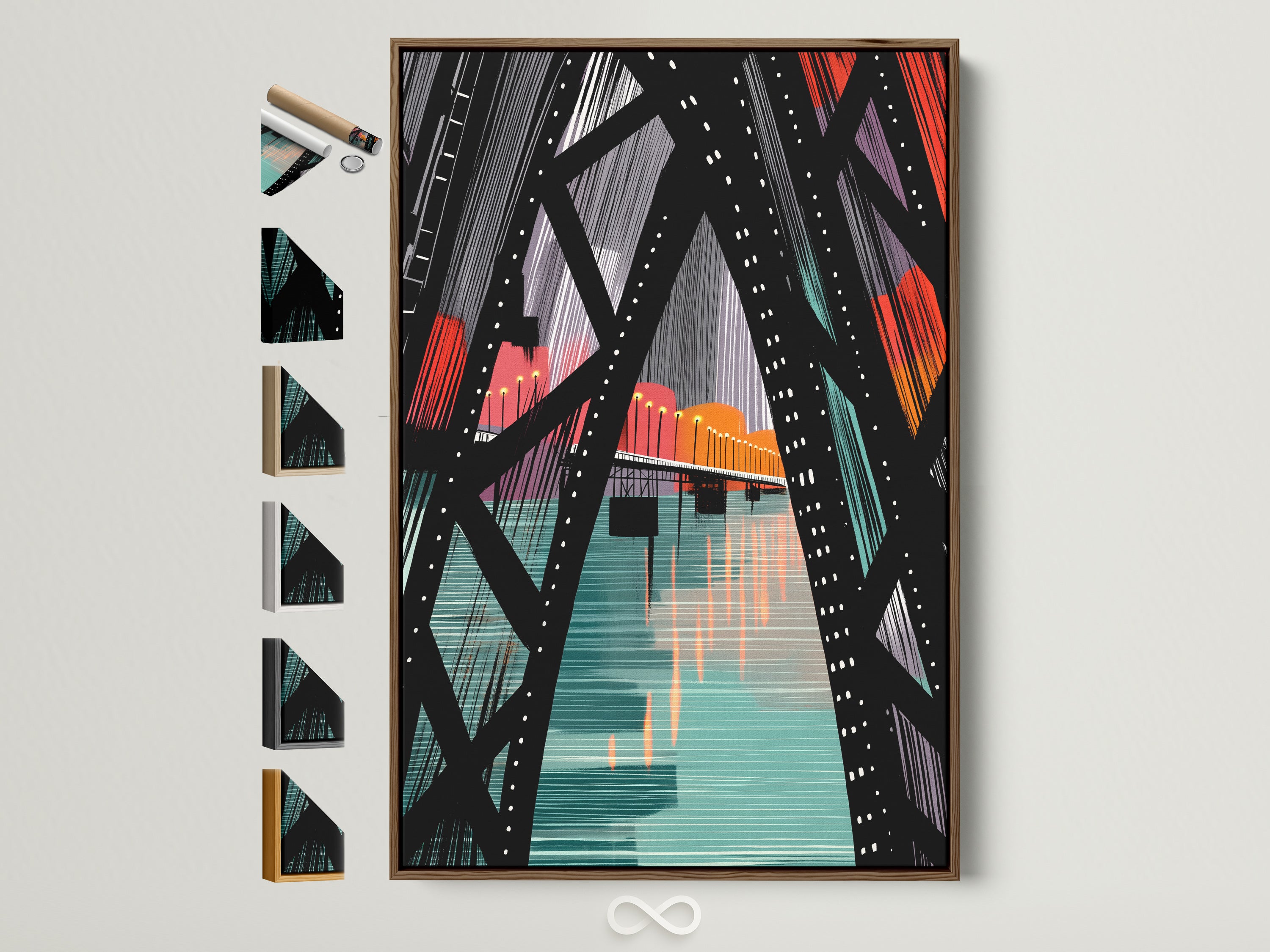 Explore frame options for our City Bridge canvas art. A brown frame surrounds a teal and orange geometric print. See how each frame enhances this modern urban artwork. Discover your perfect style