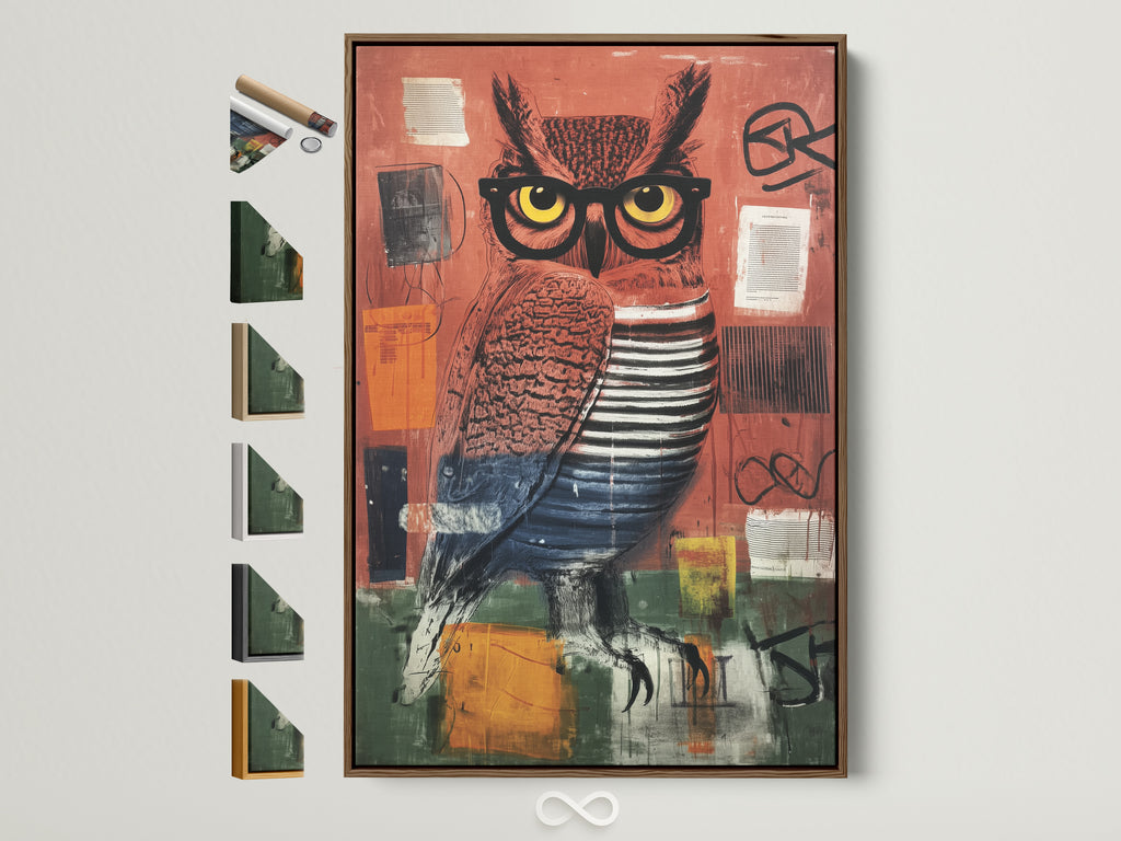 Contemporary mixed media owl art print in a brown frame. The artwork features an owl wearing glasses. Various frame options are displayed on the side. Perfect modern bird canvas print for eclectic wall decor.