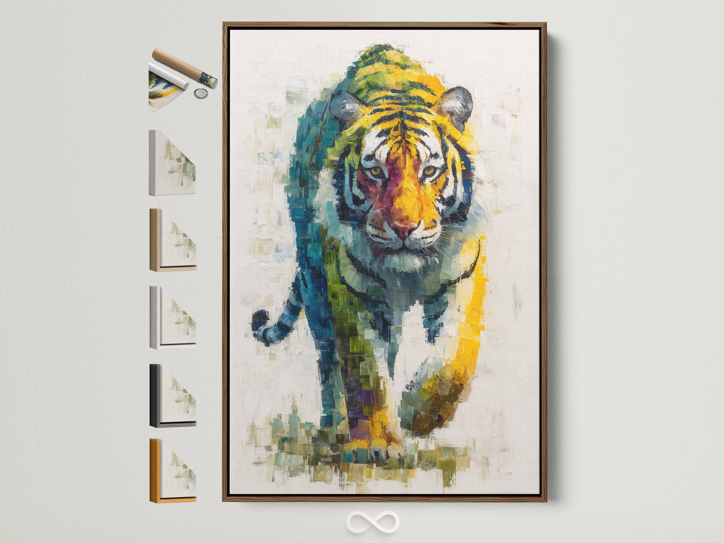 Tiger Wall Art in a brown frame. This colorful wildlife canvas print adds a modern touch to any office decor. The big cat art print is vibrant and eye-catching. Frame options are displayed on the side.