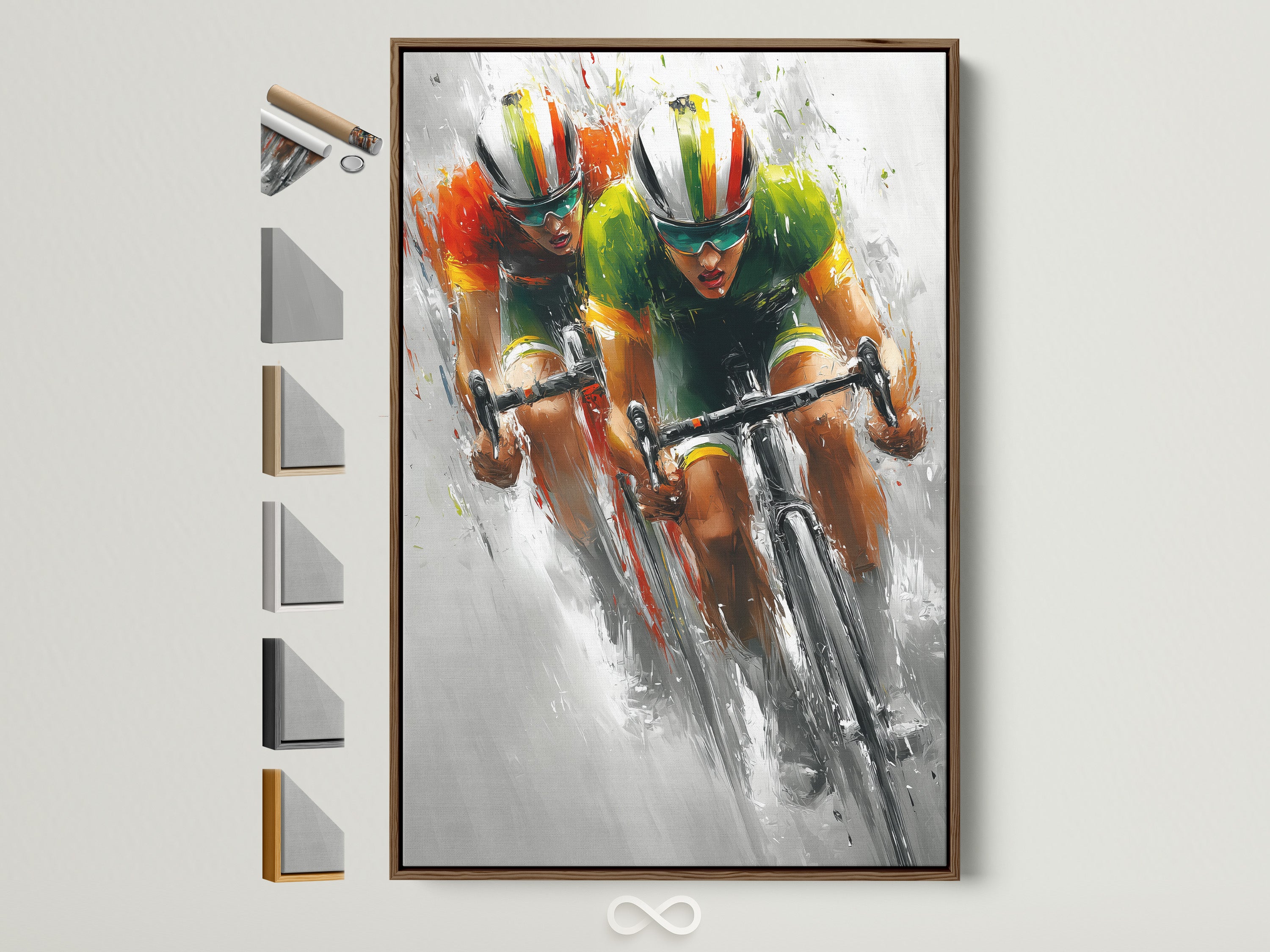 A framed artwork of cyclists is displayed. The brown frame showcases various frame options on the side. Explore framing choices for your favorite art prints. Find the perfect style to complement your space.