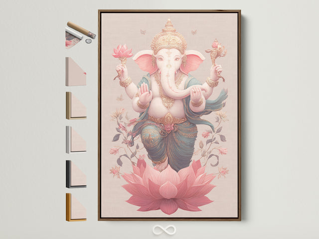 Ganesha lotus canvas art in soft pinks and teal