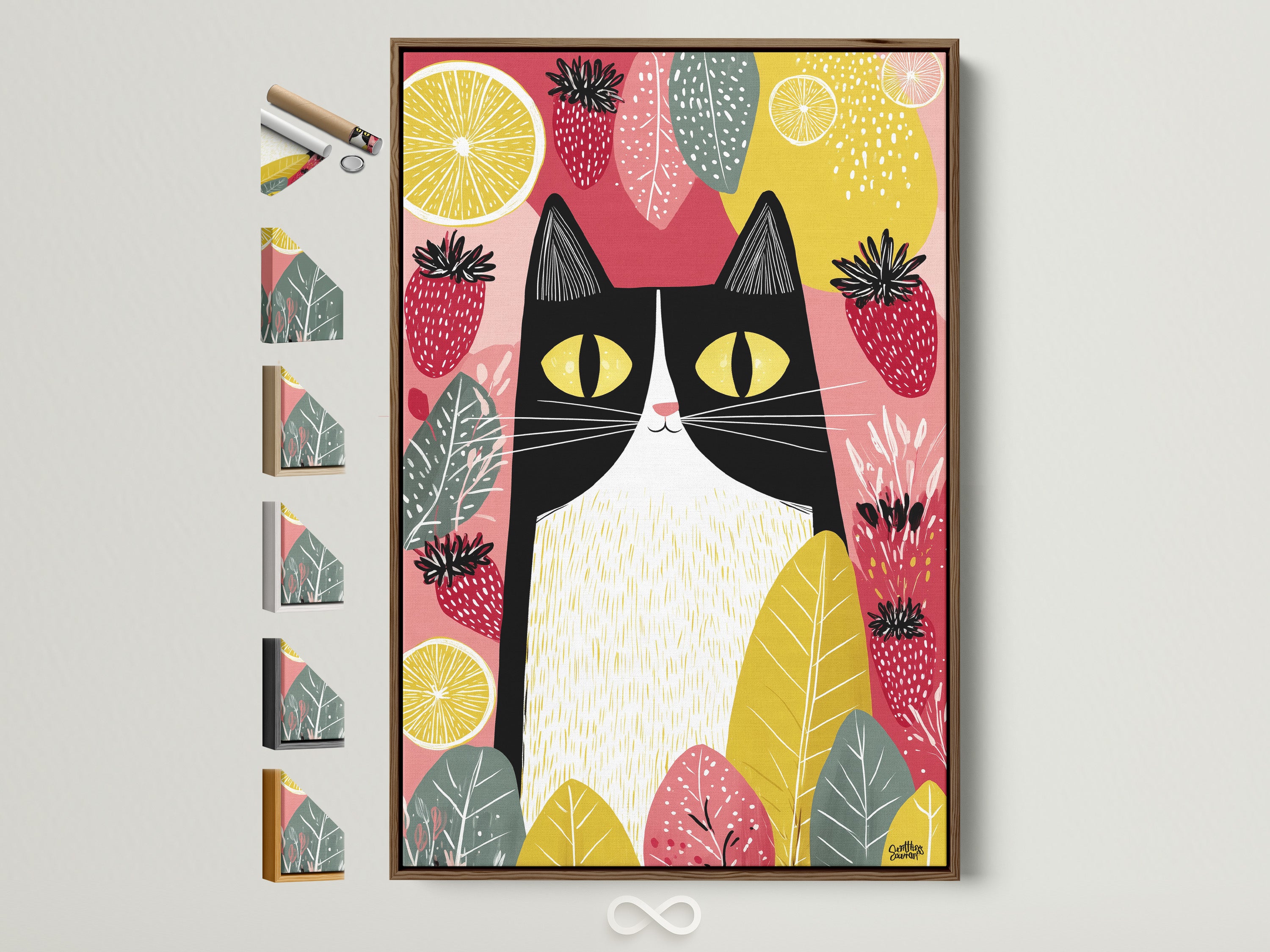 A modern folk cat artwork is showcased in a brown frame. This colorful kitchen wall art features a playful cat with fruit motifs. Various frame options are displayed on the side. It is ideal for adding personality to any room. Consider it for your dining room decor.