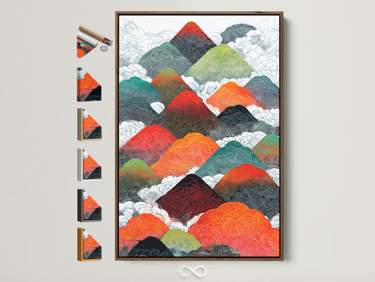 Explore framed mountain range artwork. This colorful abstract wall art features a brown frame. See all frame options for this modern geometric artwork. Perfect for adding vibrant art to your bedroom or living room wall decor.