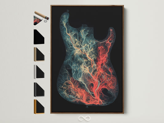 Framed artwork with a brown frame. The art depicts a guitar with tree-like structures. The frame options are displayed on the side. This piece adds a touch of musical inspiration to any room. The brown frame complements the artwork's natural elements beautifully.