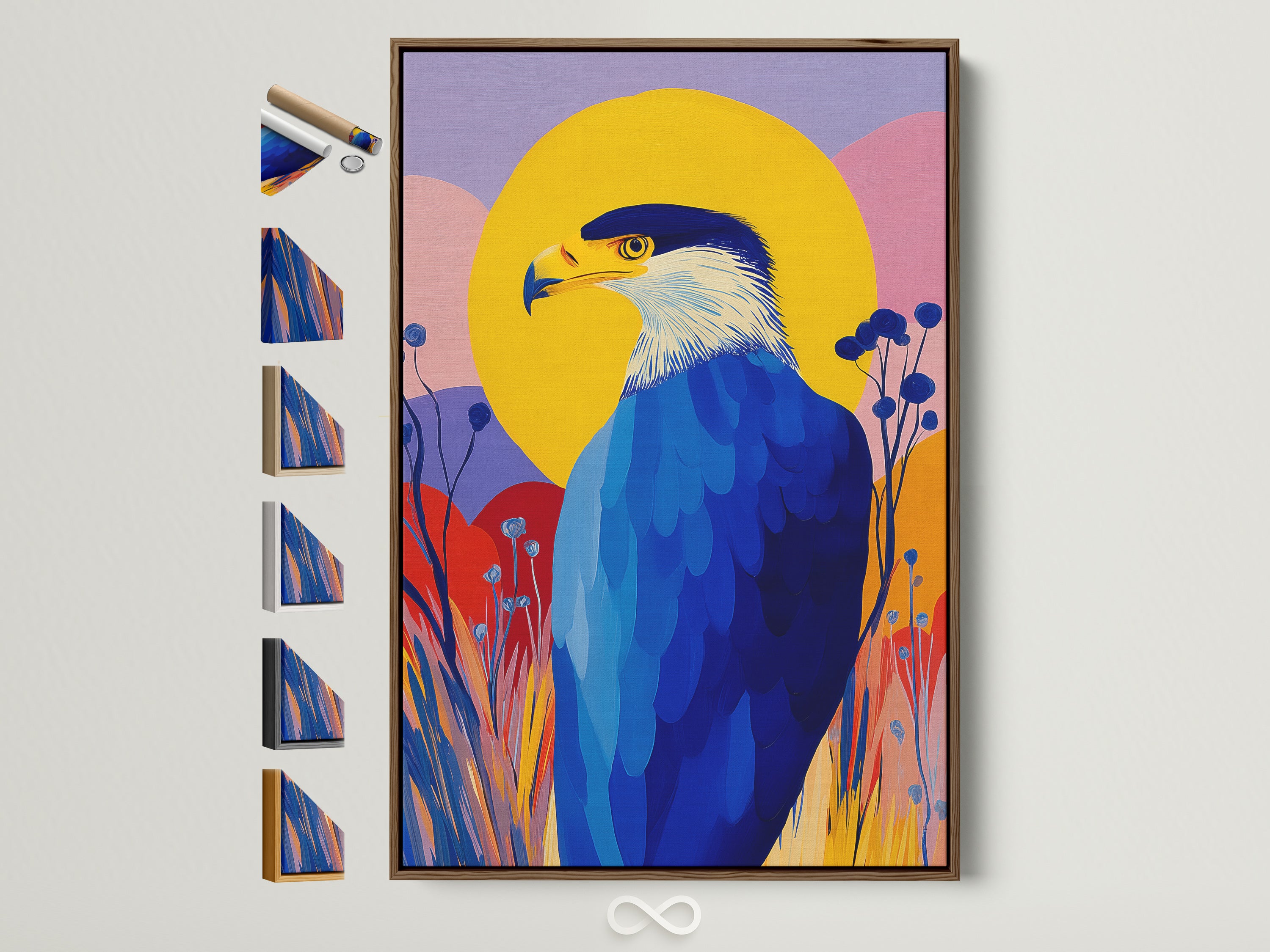 A vibrant eagle artwork is displayed in a brown frame. This shows frame options for your colorful bird art. Elevate your home decor with this contemporary wall art. It's a perfect gift for any bird lover.