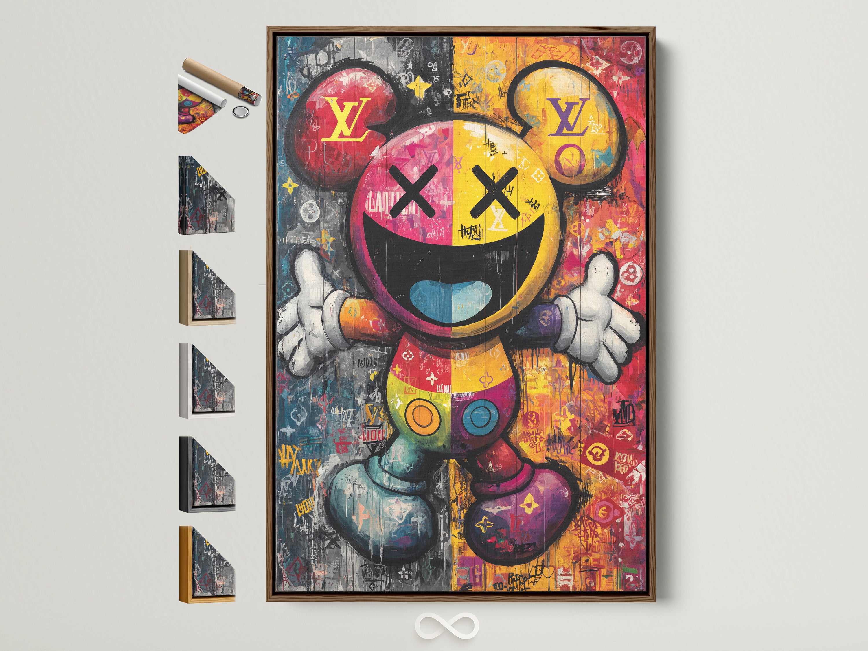 A vibrant pop art Mickey artwork is framed in a brown frame. The artwork features a playful mix of colors and graffiti elements. See all frame options available. Perfect for adding a pop of color to any modern space. Shop now for unique street art wall decor.