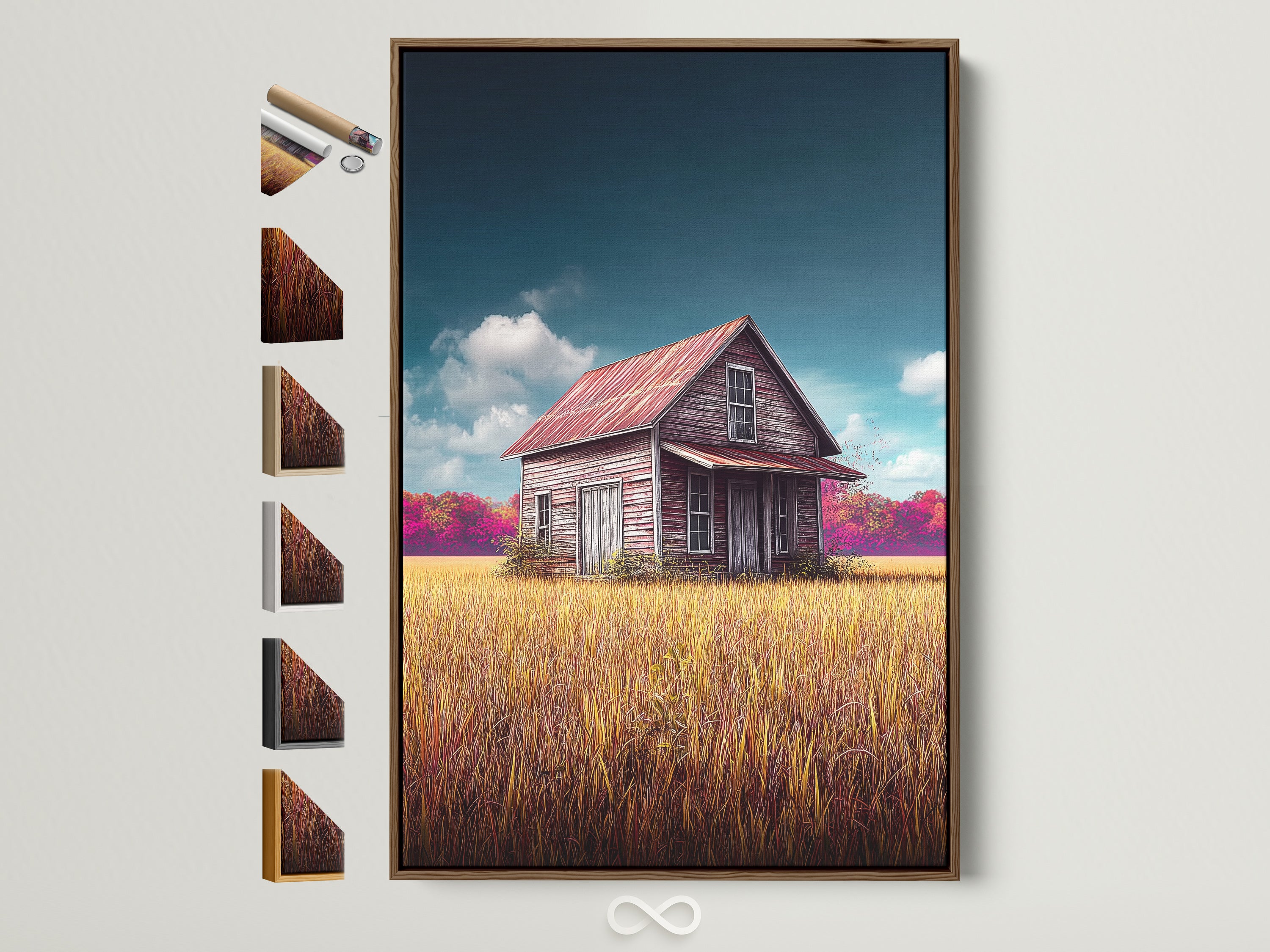 Elevate your space with farmhouse artwork. This rustic barn wall art features a vintage country landscape in a warm brown frame. Explore frame options to customize your home decor with this scenic artwork. Perfect for creating a cozy and inviting atmosphere.