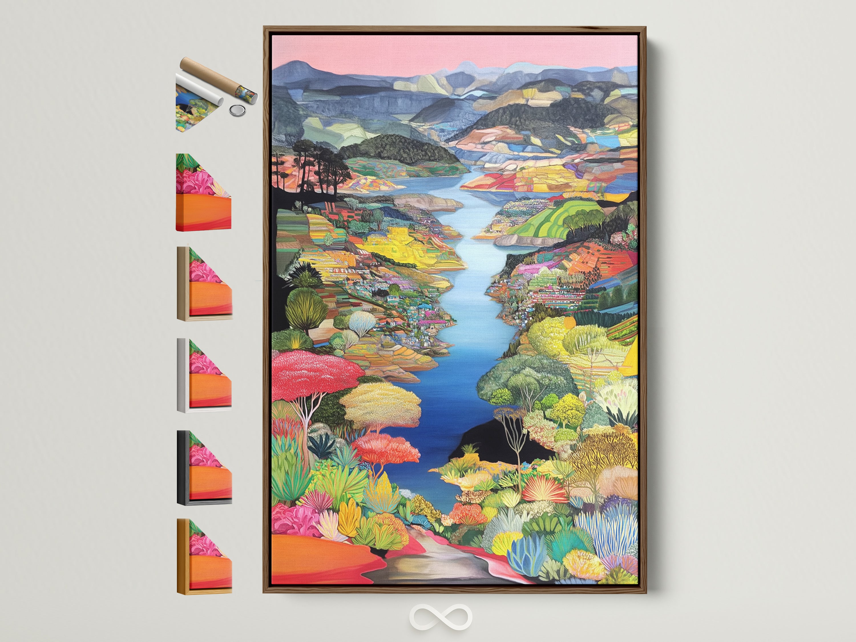 A colorful landscape artwork hangs on a white wall. The artwork is framed with a brown frame. Frame samples are displayed on the side. This vibrant nature wall art adds a modern touch to any home. Perfect for homeowners renters and businesses seeking elevated wall decor