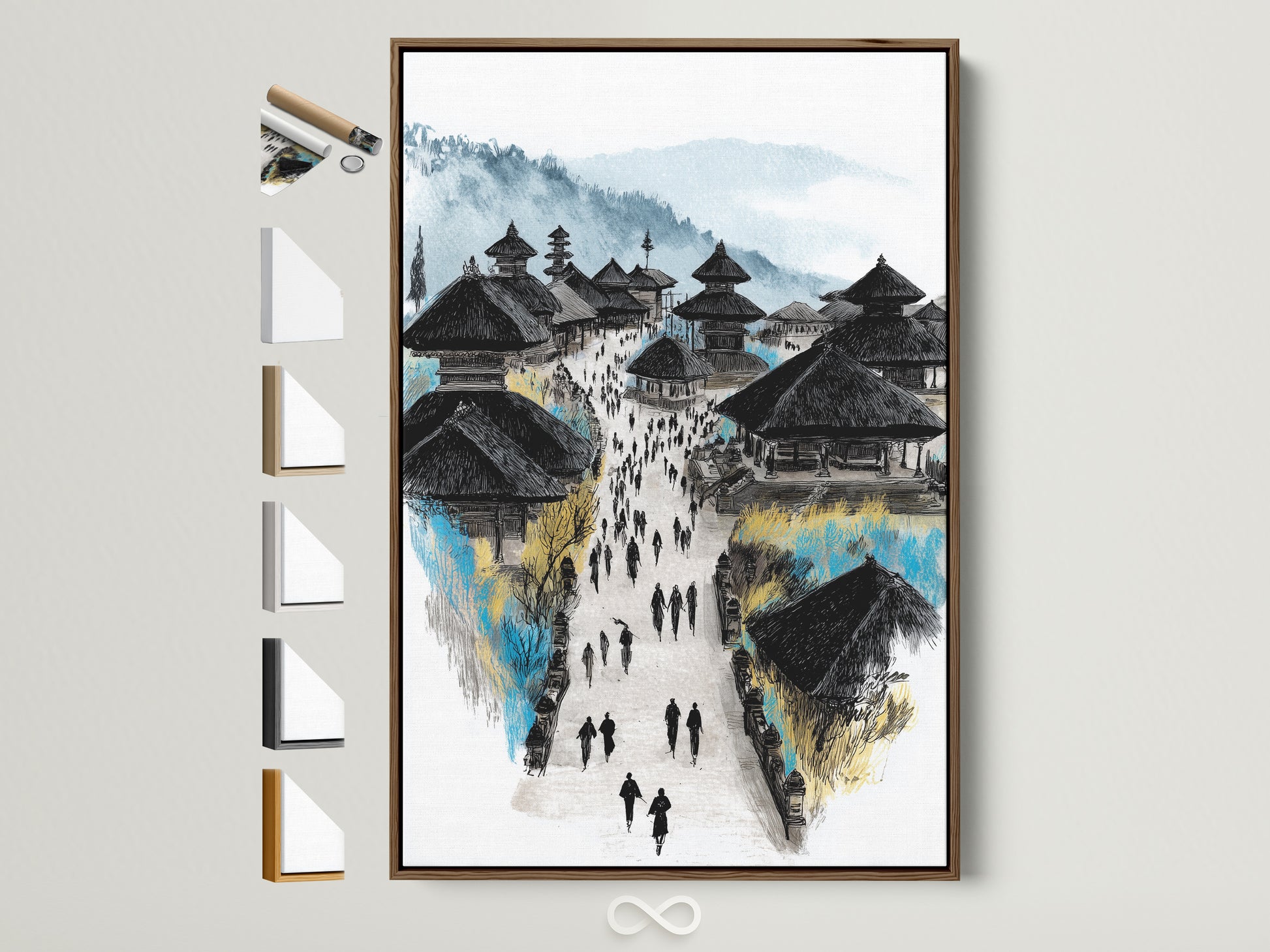 Balinese Temple art print in a brown frame. This Asian architecture wall art brings a touch of Southeast Asia to your space. The travel photography captures the essence of Balinese culture. Many frame options are available to customize your artwork. Perfect for study decor or spiritual decor.
