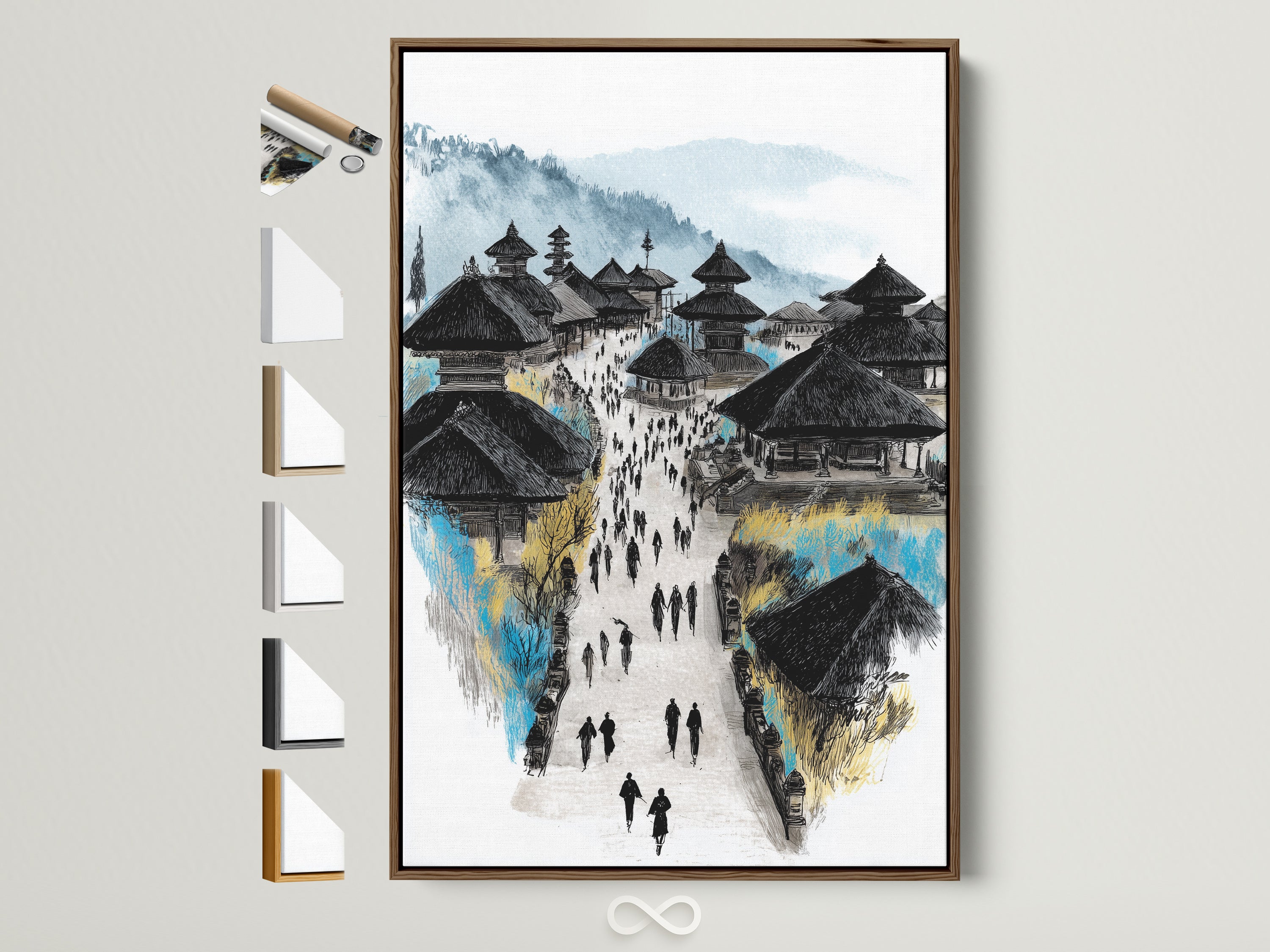 Balinese Temple art print in a brown frame. This Asian architecture wall art brings a touch of Southeast Asia to your space. The travel photography captures the essence of Balinese culture. Many frame options are available to customize your artwork. Perfect for study decor or spiritual decor.
