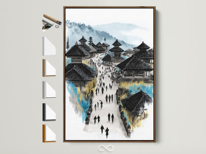Balinese Temple art print in a brown frame. This Asian architecture wall art brings a touch of Southeast Asia to your space. The travel photography captures the essence of Balinese culture. Many frame options are available to customize your artwork. Perfect for study decor or spiritual decor.