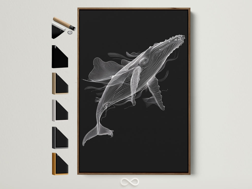 Black and white whale artwork in a brown frame is displayed on a wall. This contemporary piece adds minimalist charm to any space. Explore framing options for your marine life art. Find the perfect frame to complement your whale artwork. Consider oak white black or gold options.