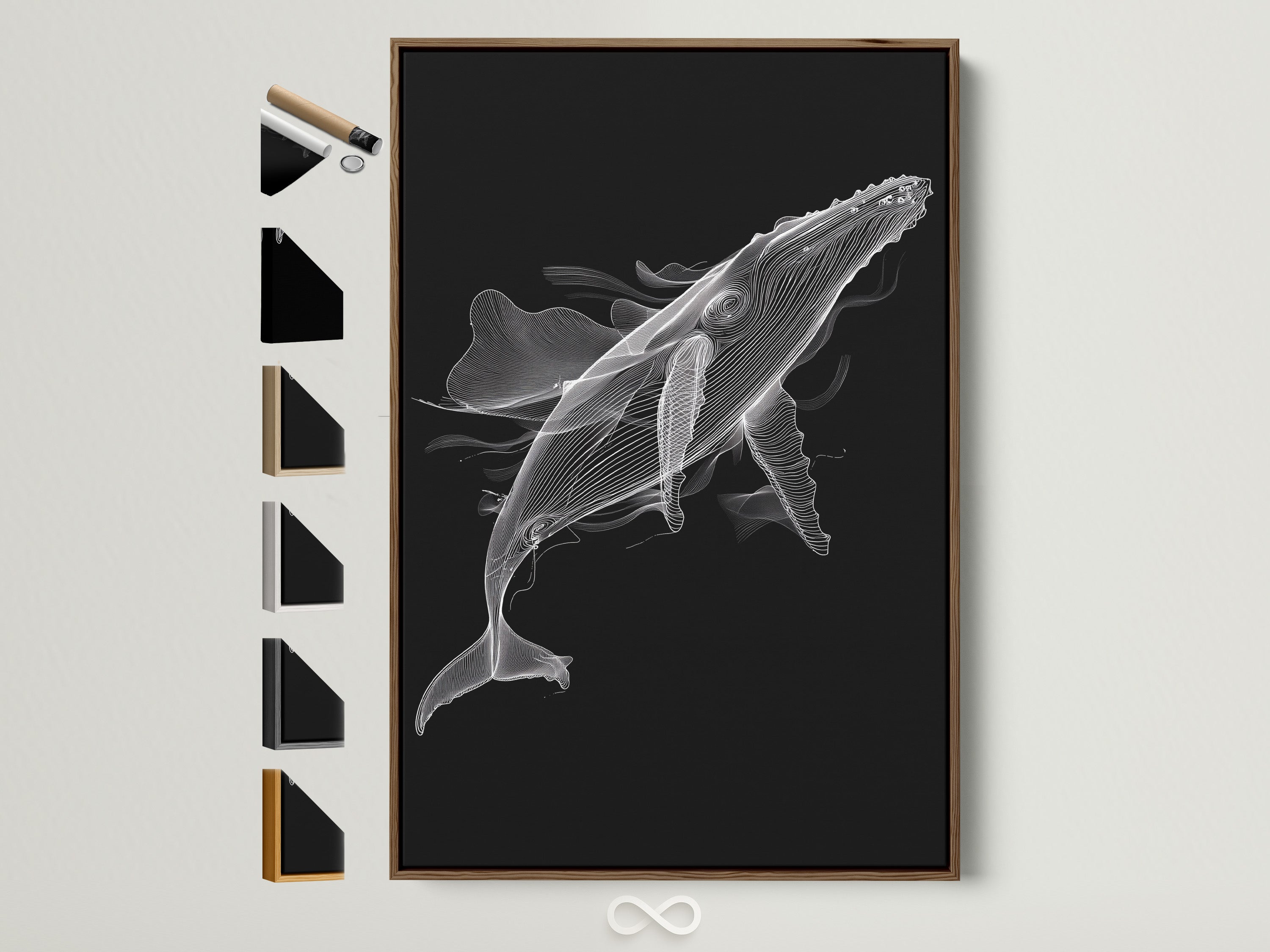 Black and white whale artwork in a brown frame is displayed on a wall. This contemporary piece adds minimalist charm to any space. Explore framing options for your marine life art. Find the perfect frame to complement your whale artwork. Consider oak white black or gold options.