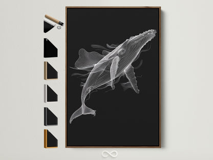 Black and white whale artwork in a brown frame is displayed on a wall. This contemporary piece adds minimalist charm to any space. Explore framing options for your marine life art. Find the perfect frame to complement your whale artwork. Consider oak white black or gold options.