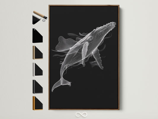 Black and white whale artwork in a brown frame is displayed on a wall. This contemporary piece adds minimalist charm to any space. Explore framing options for your marine life art. Find the perfect frame to complement your whale artwork. Consider oak white black or gold options.