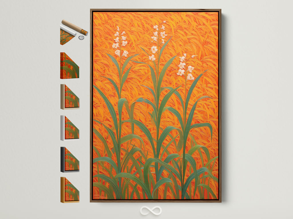 Floral Field Canvas artwork with an orange botanical theme displayed in a brown frame. See all frame options available. This modern plant artwork is perfect for entryway wall decor. The artwork brings sophistication and warmth to living rooms bedrooms offices studios lobbies clinics cafés and spas.