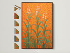 Floral Field Canvas artwork with an orange botanical theme displayed in a brown frame. See all frame options available. This modern plant artwork is perfect for entryway wall decor. The artwork brings sophistication and warmth to living rooms bedrooms offices studios lobbies clinics cafés and spas.