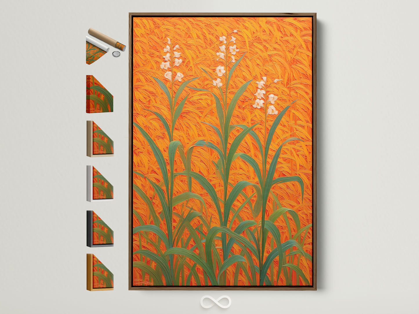 Floral Field Canvas artwork with an orange botanical theme displayed in a brown frame. See all frame options available. This modern plant artwork is perfect for entryway wall decor. The artwork brings sophistication and warmth to living rooms bedrooms offices studios lobbies clinics cafés and spas.