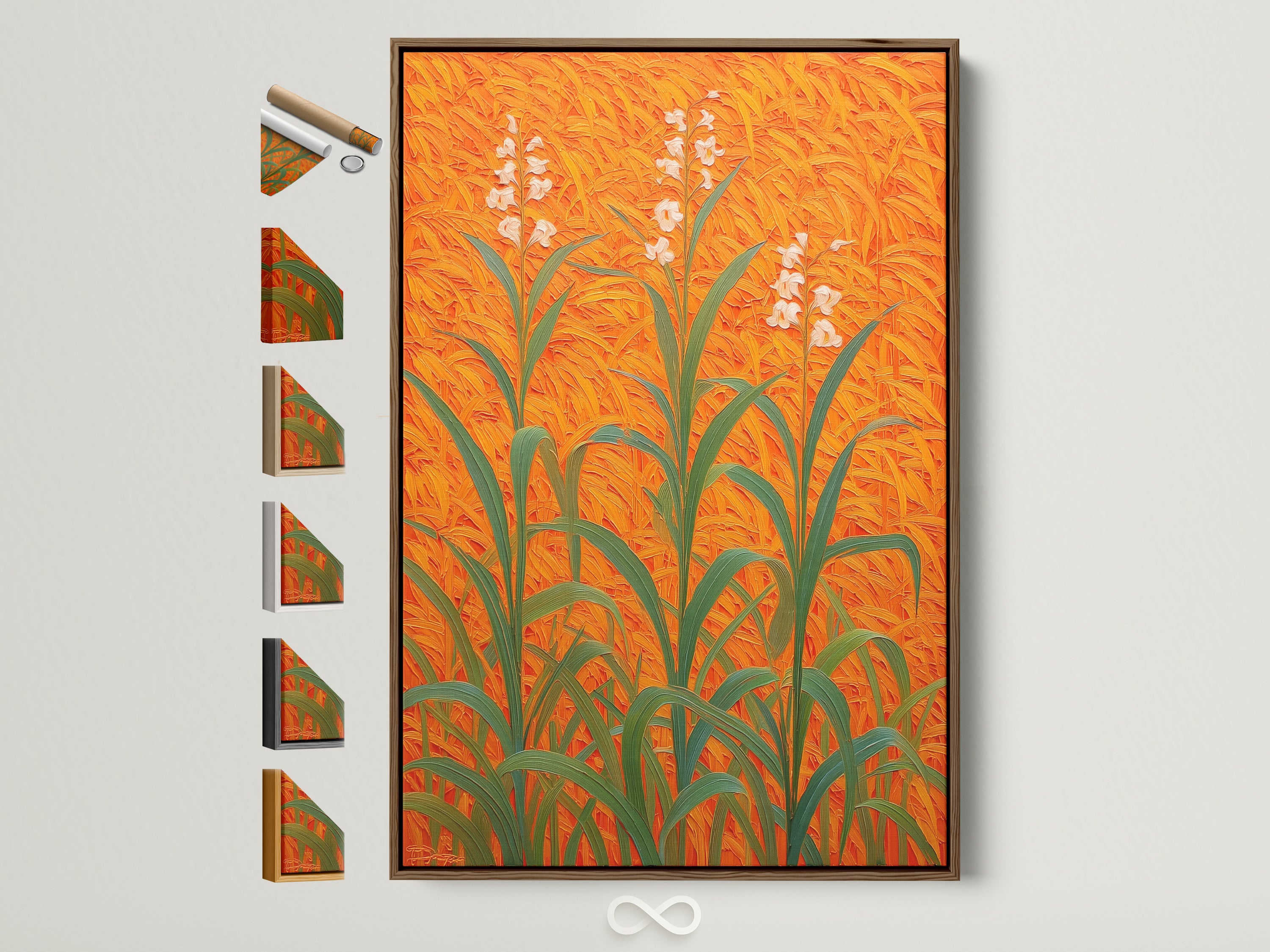 Floral Field Canvas artwork with an orange botanical theme displayed in a brown frame. See all frame options available. This modern plant artwork is perfect for entryway wall decor. The artwork brings sophistication and warmth to living rooms bedrooms offices studios lobbies clinics cafés and spas.