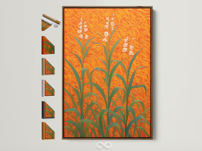 Floral Field Canvas artwork with an orange botanical theme displayed in a brown frame. See all frame options available. This modern plant artwork is perfect for entryway wall decor. The artwork brings sophistication and warmth to living rooms bedrooms offices studios lobbies clinics cafés and spas.