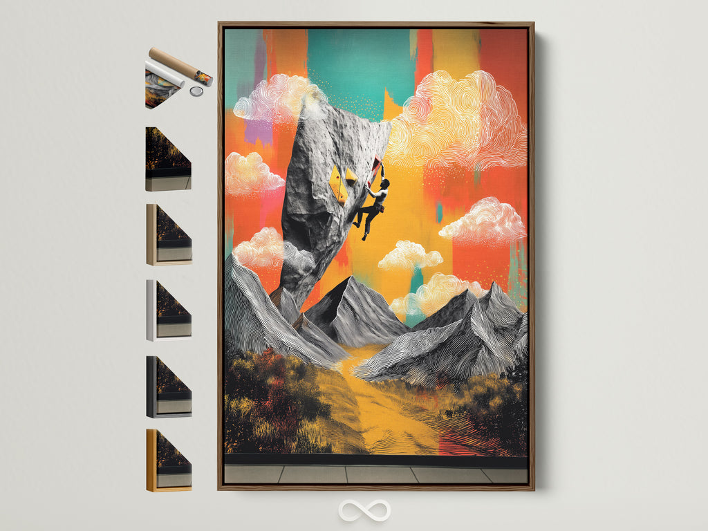 Rock Climbing art in a brown frame. The artwork features vibrant colors and a mountain landscape. See all frame options to customize your wall art. Perfect mountain adventure wall art for your home or office decor.