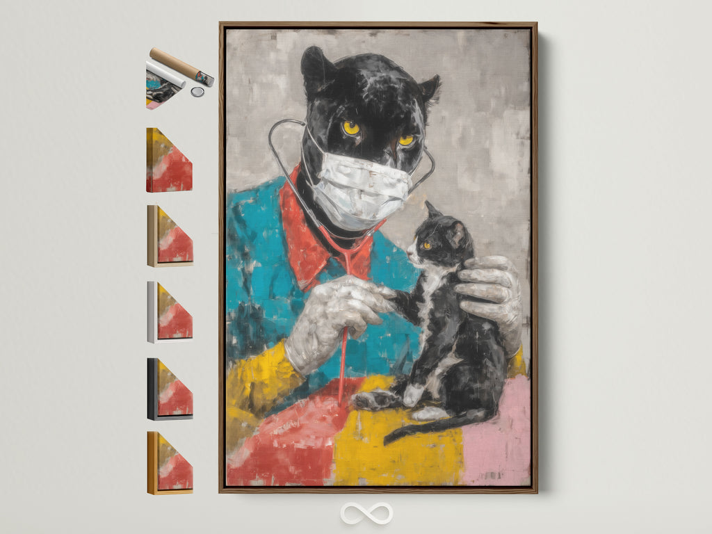 Panther Doctor art print is displayed in a brown frame. All frame options are presented on the side. This veterinarian wall art adds a contemporary animal artwork touch. Perfect for clinic decor and office wall art.